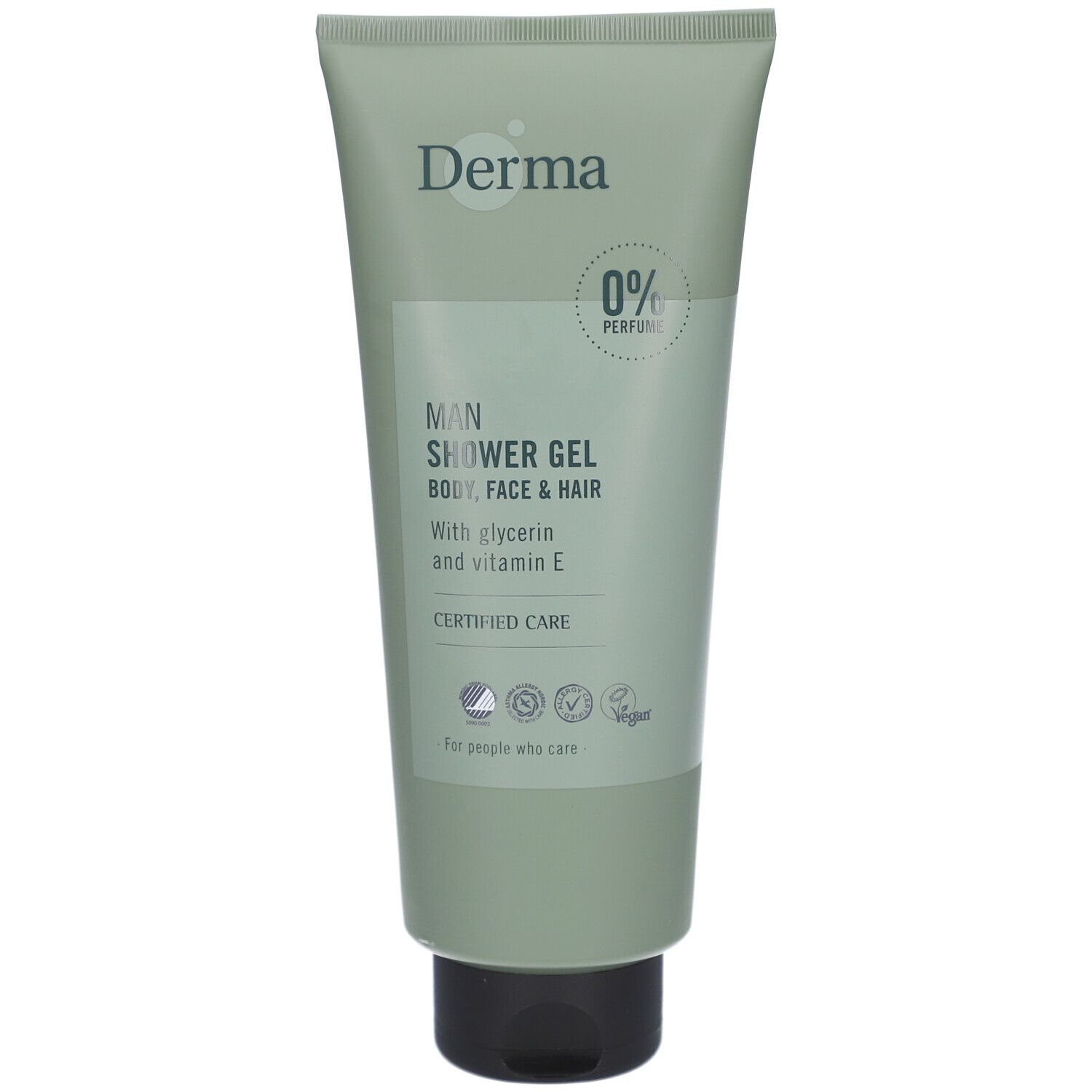Groene tube met zwarte dop. Opschrift: Derma, Man Shower Gel, 0% Parfum, met glycerine en vitamine E. Vegan-keurmerk.