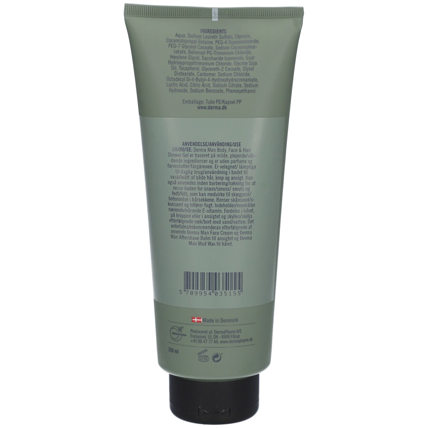 Achterkant van de groene tube. Bevat ingrediënten, instructies en barcode. Gemaakt in Denemarken. Vegan-keurmerk.