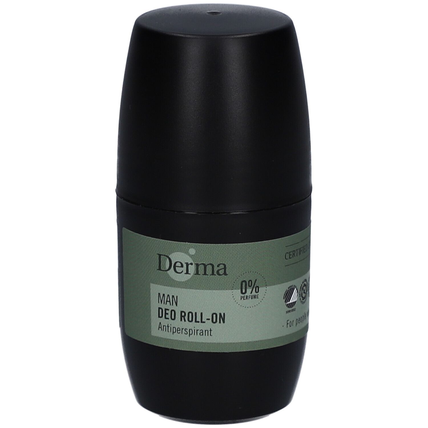 Flacon de déodorant roll-on noir. Inscription: Derma MAN DEO ROLL-ON. 0% Parfum. Anti-transpirant.