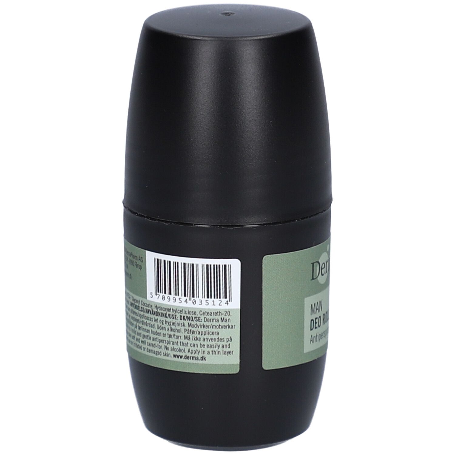 Flacon de déodorant roll-on noir. Code-barres et texte au dos. Inscription: Derma MAN DEO ROLL-ON.