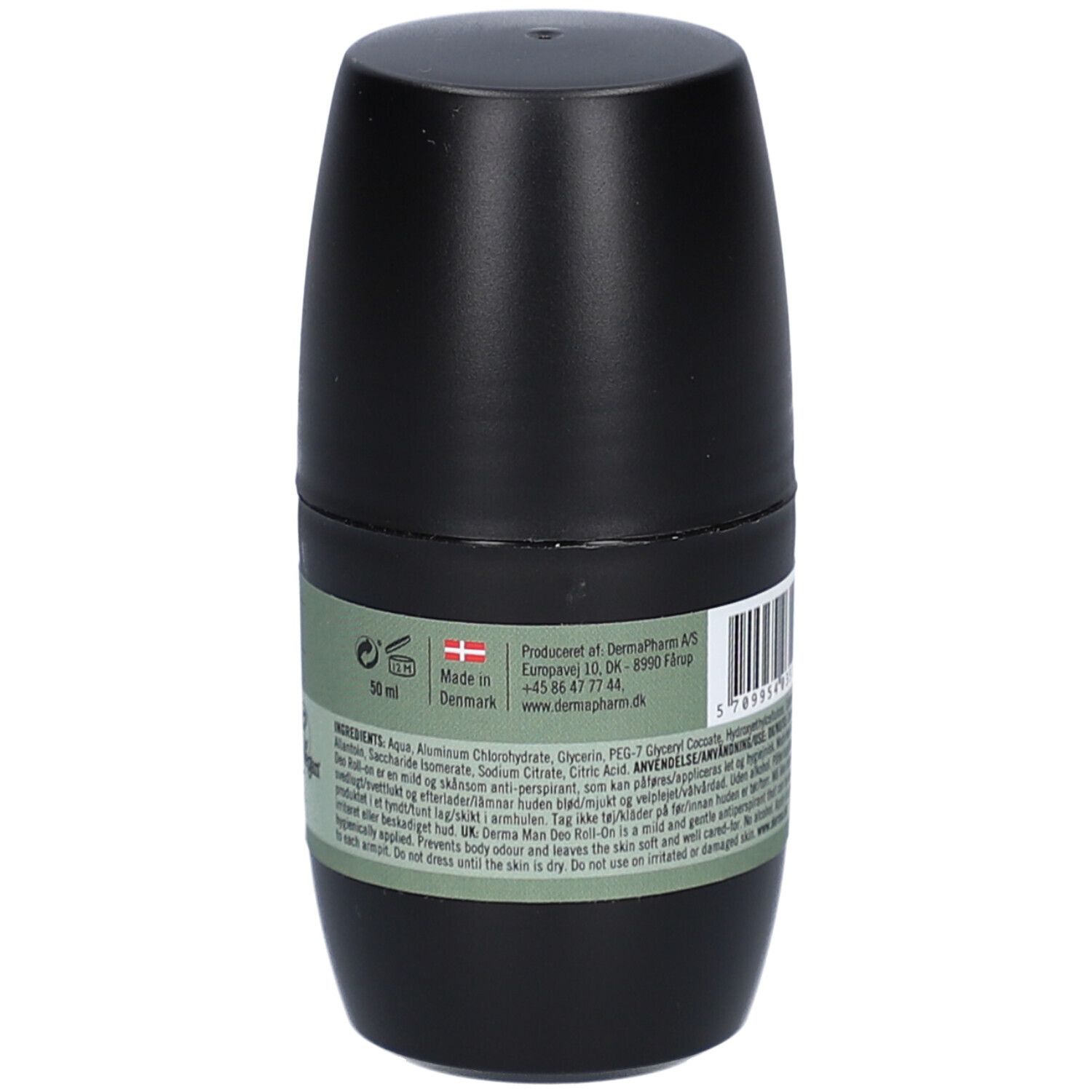 Flacon de déodorant roll-on noir. Texte et ingrédients au dos. Fabriqué au Danemark.