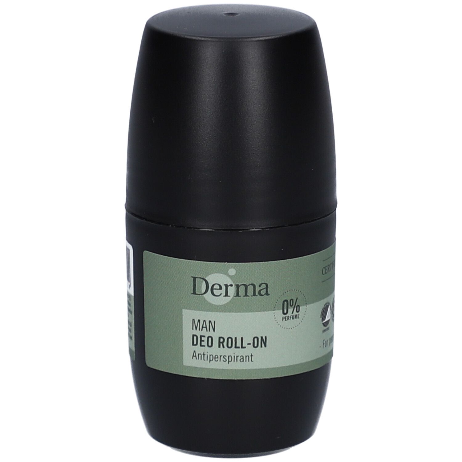 Flacon de déodorant roll-on noir. Inscription: Derma MAN DEO ROLL-ON. 0% Parfum. Anti-transpirant.