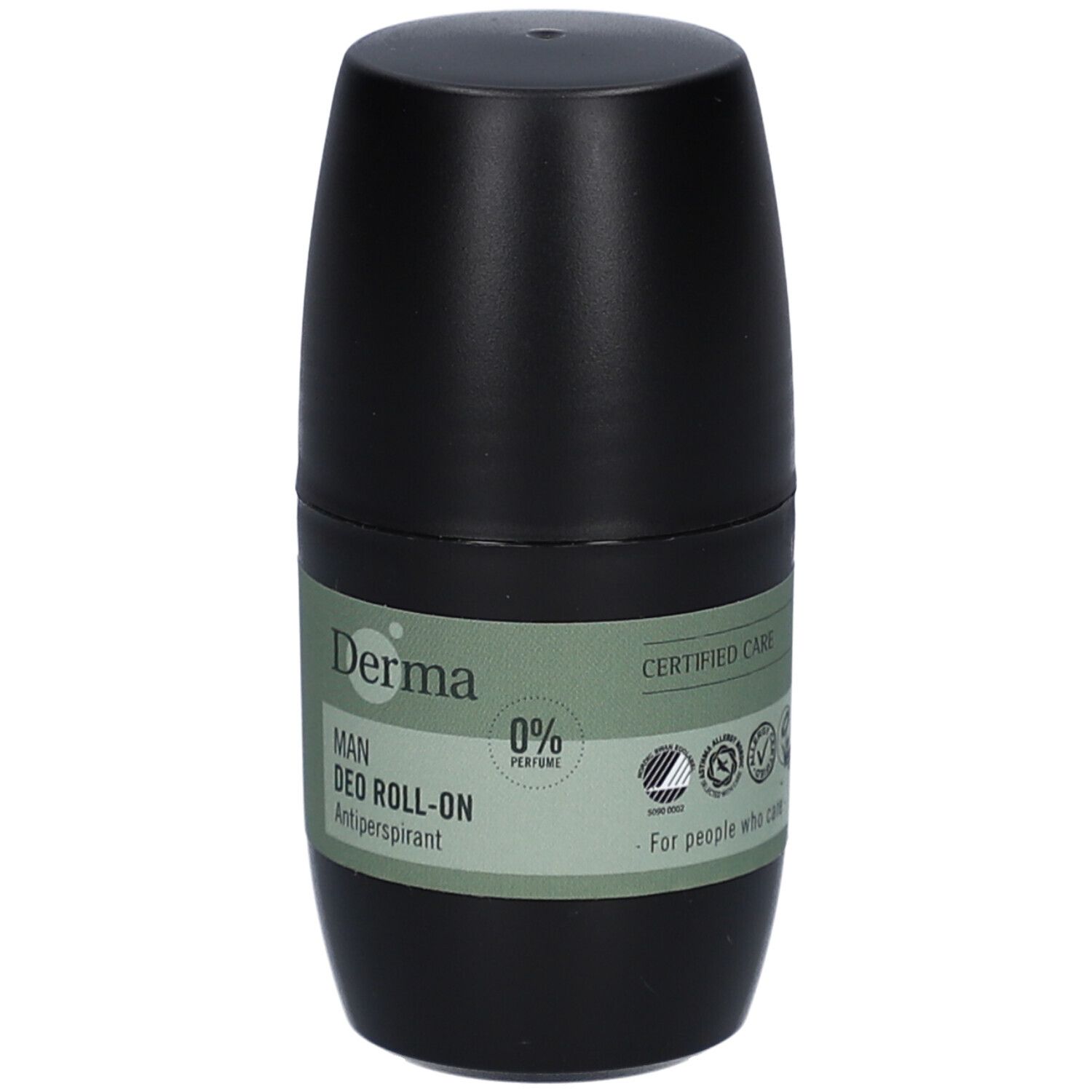 Flacon de déodorant roll-on noir. Inscription: Derma MAN DEO ROLL-ON. 0% Parfum. Soin certifié.