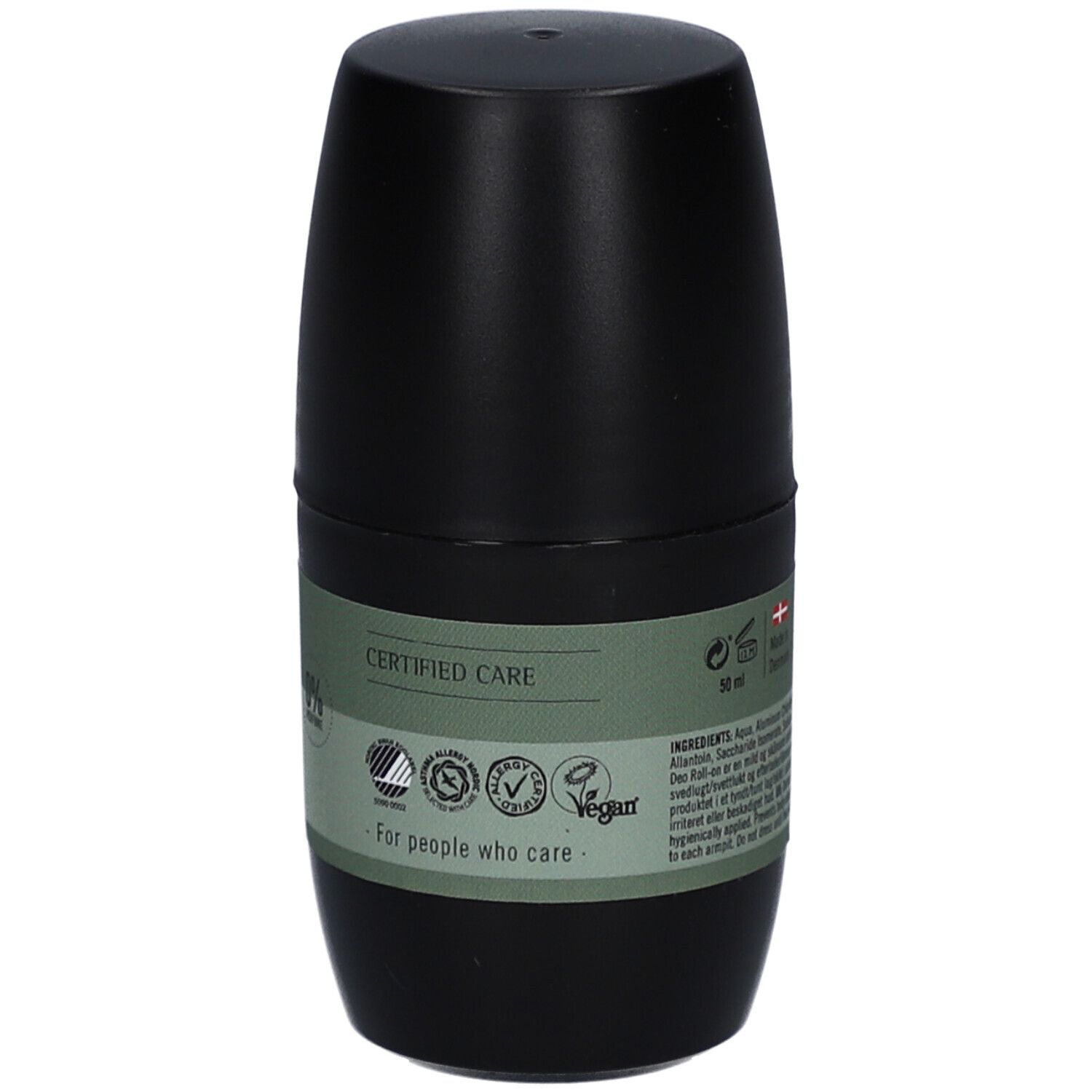 Flacon de déodorant roll-on noir. Inscription: Soin certifié. Label Vegan. Pour les personnes qui se soucient.