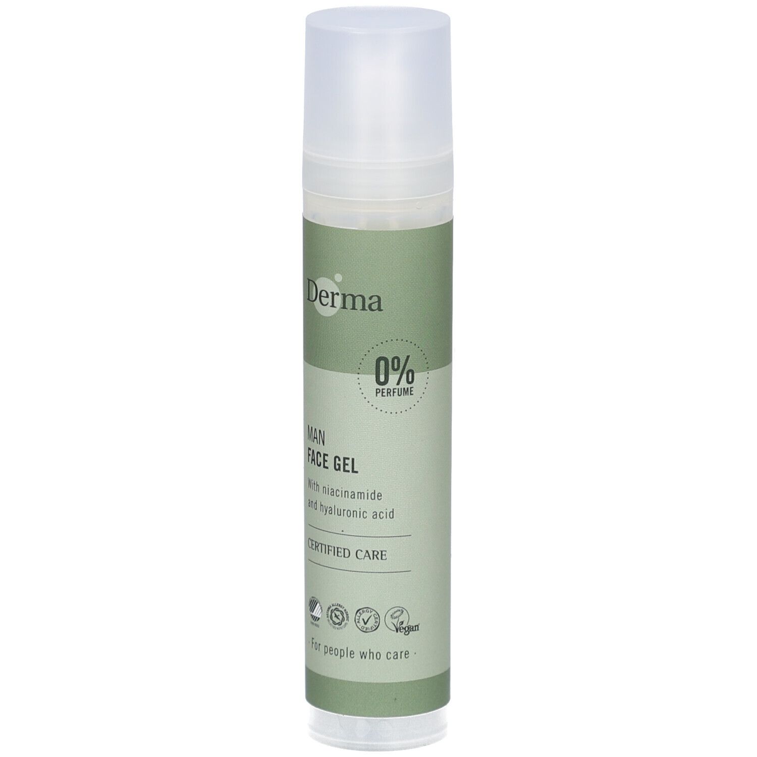 Cilindrische fles met groen etiket. Opschrift: Derma, MAN FACE GEL, 0% Parfum. Met hyaluronzuur en niacinamide. Gecertificeerde verzorging.