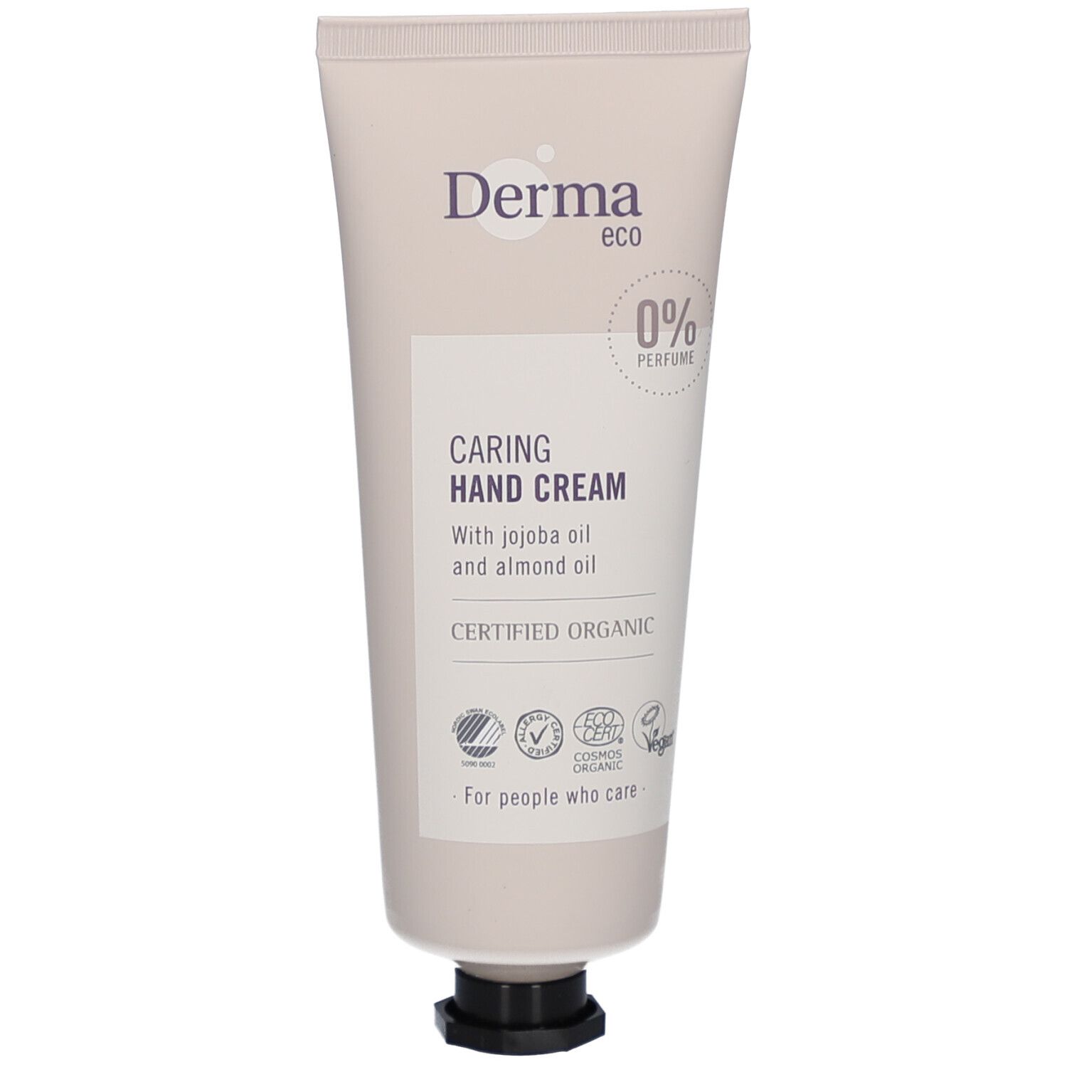Beige handcrèmetube. Opschrift: Derma eco, Caring Hand Cream, 0% Perfume. Certificeringen en logo's.