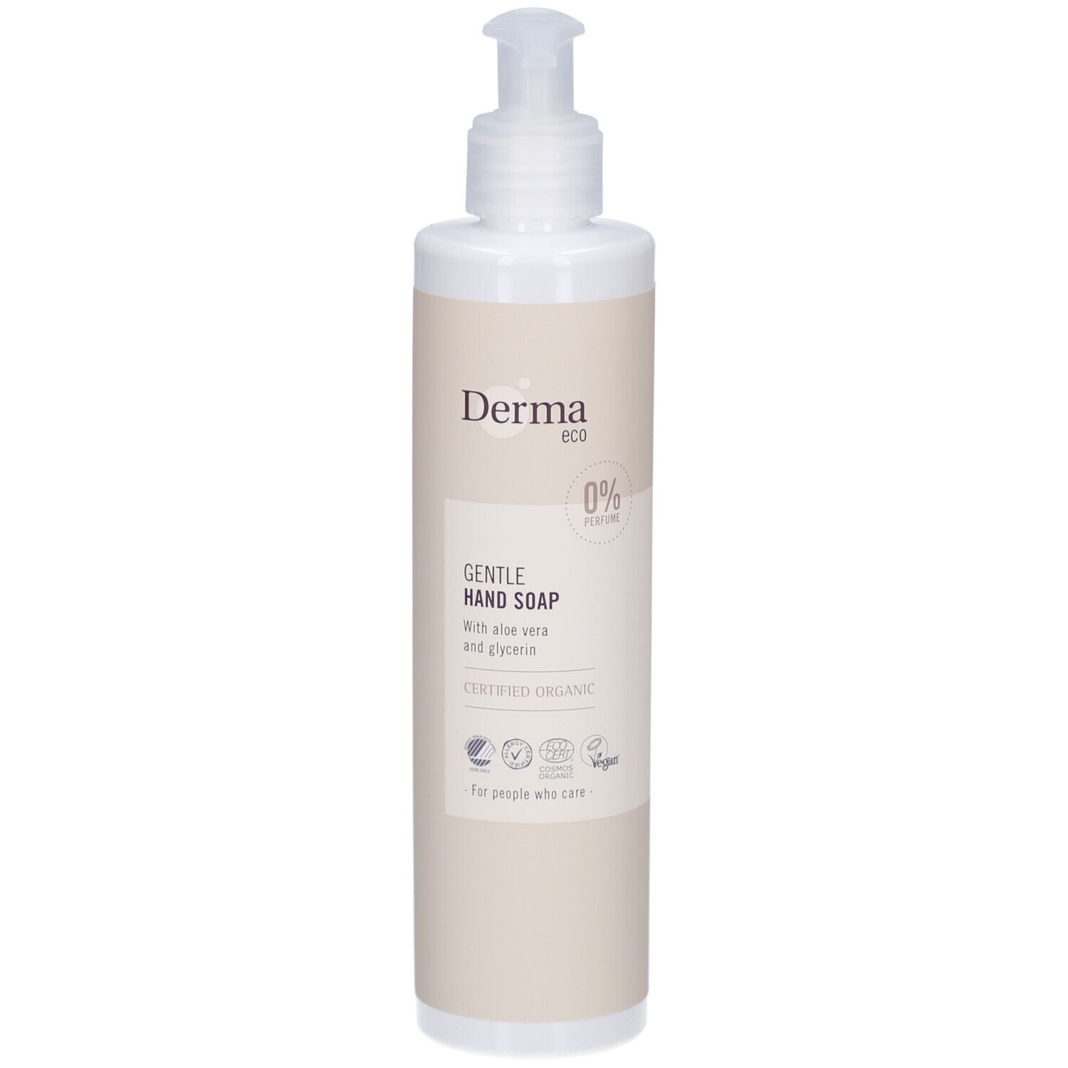 Beige handzeepfles met witte pomp. Opschrift: Derma eco, Gentle Hand Soap, 0% Parfum, Certified Organic.
