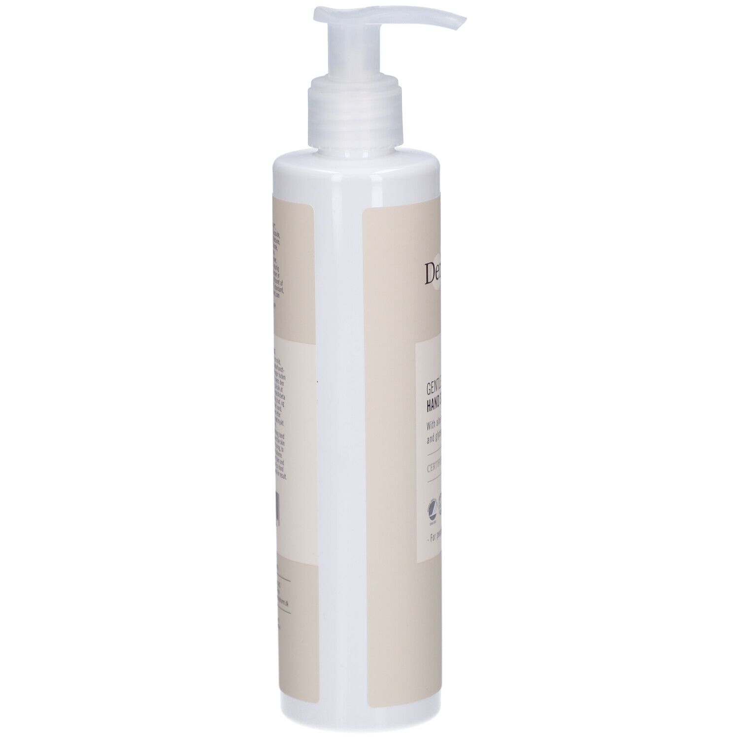 Beige handzeepfles met witte pomp. Zijaanzicht. Opschrift: Derma eco, Gentle Hand Soap.