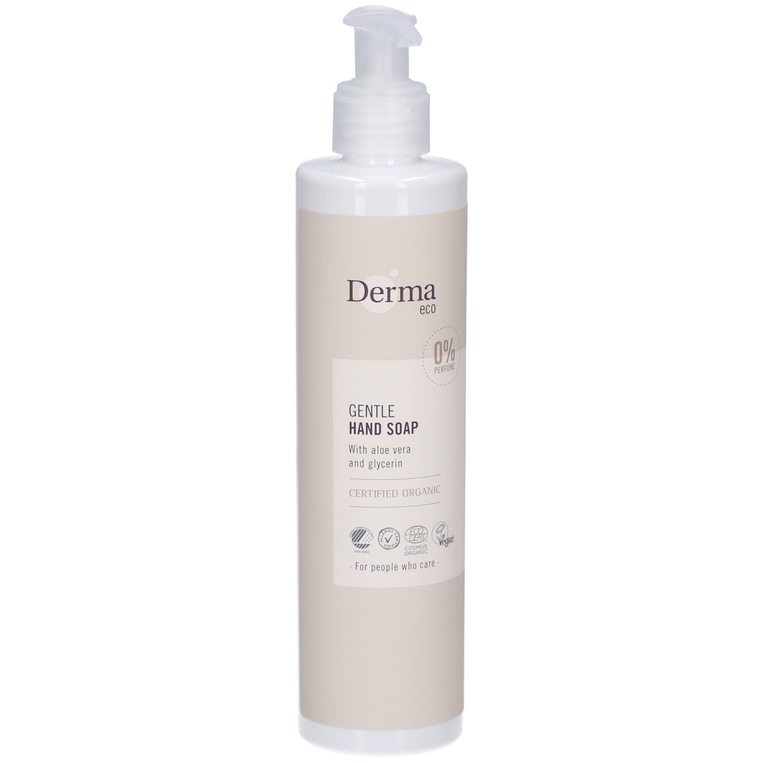 Beige handzeepfles met witte pomp. Opschrift: Derma eco, Gentle Hand Soap, 0% Parfum, Certified Organic.