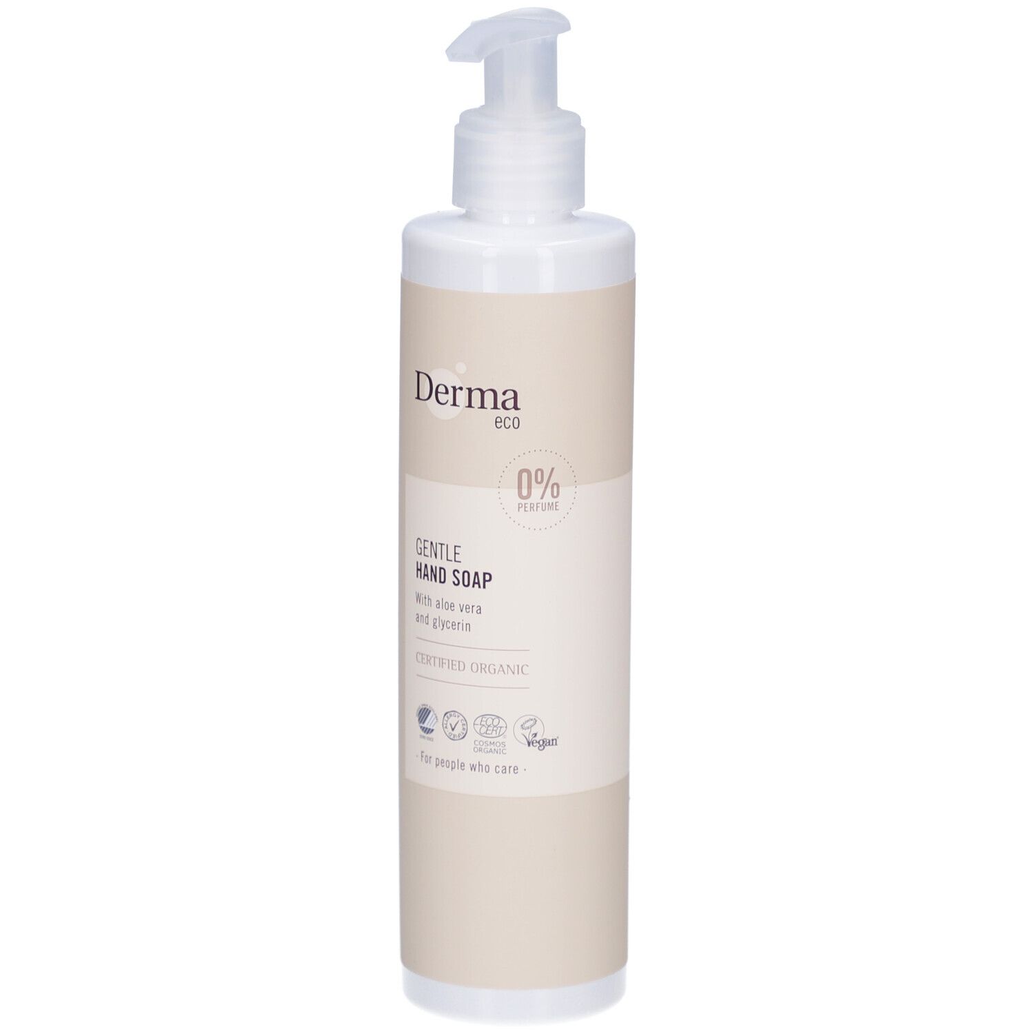 Beige handzeepfles met witte pomp. Opschrift: Derma eco, Gentle Hand Soap, 0% Parfum, Certified Organic.