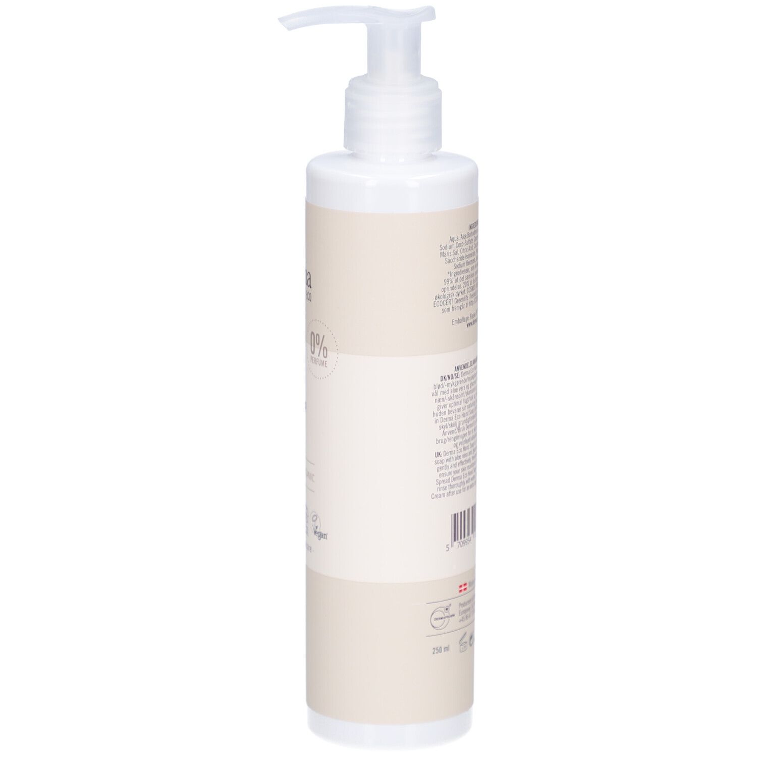 Beige handzeepfles met witte pomp. Zijaanzicht. Opschrift: Derma eco, Gentle Hand Soap.