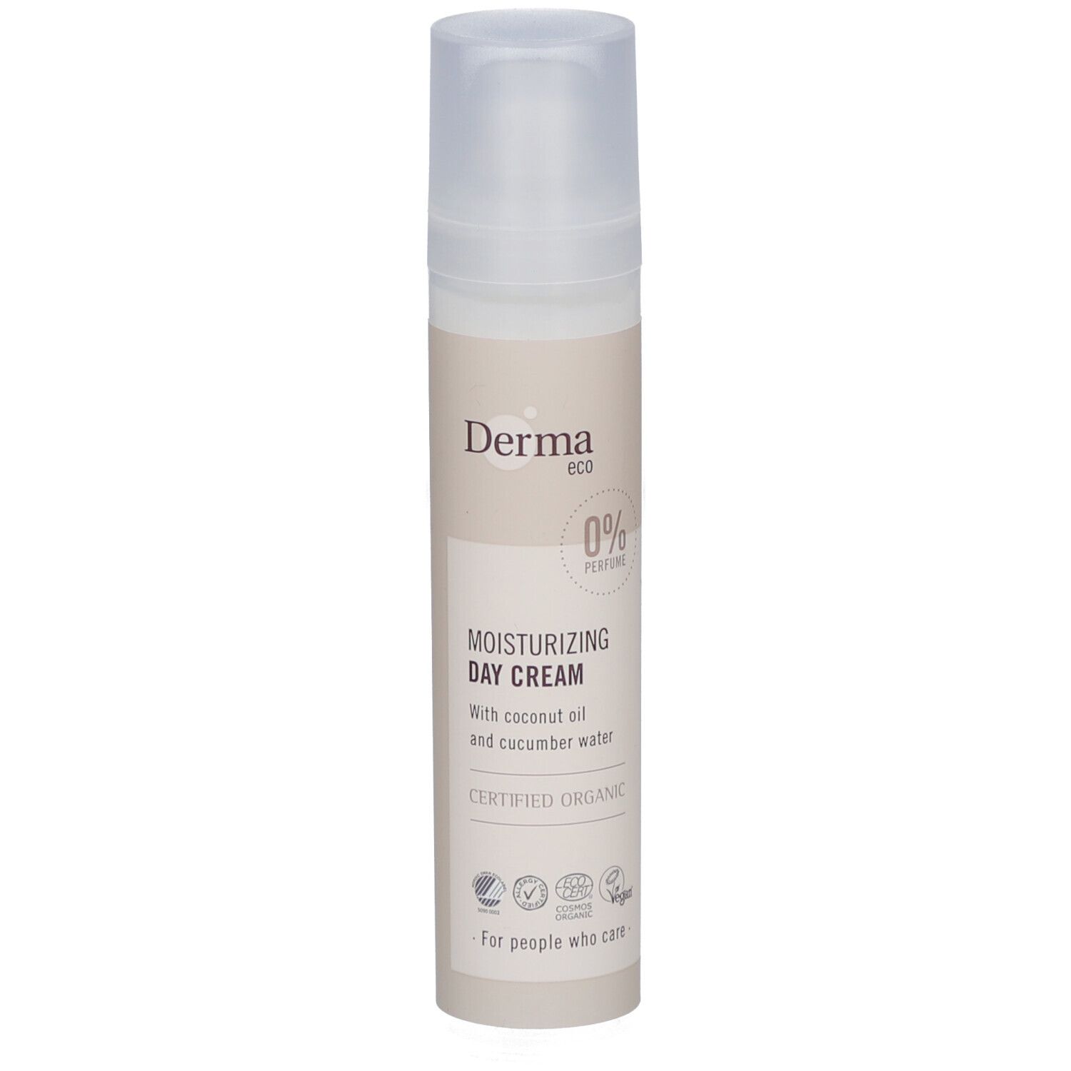 Crèmefles met pompdeksel. Opschrift: Derma eco, 0% parfum, Moisturizing Day Cream. Gecertificeerd Organic. Vegan-keurmerk.