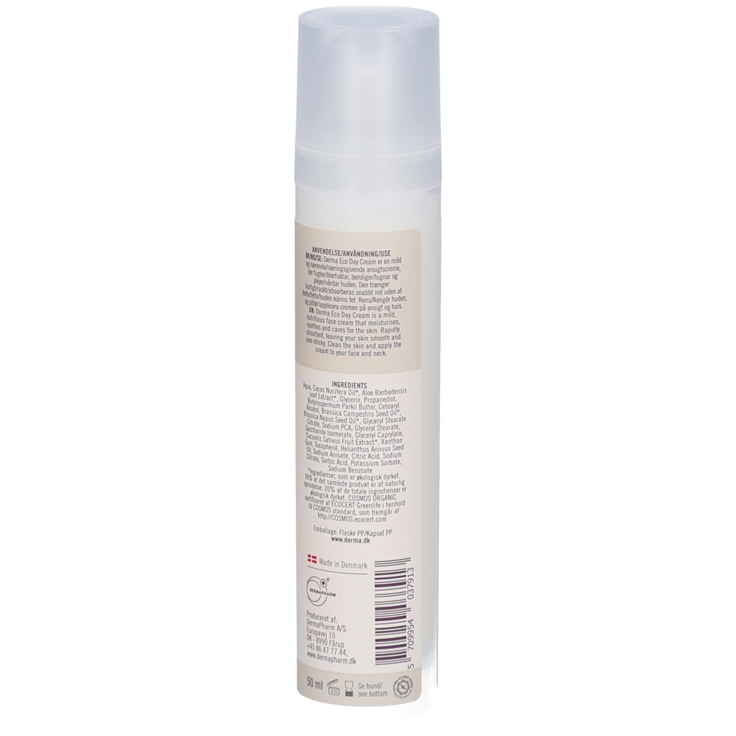 Achterkant van de crèmefles. Tekst: gebruik, ingrediënten, fabrikantinformatie. Certificeringen. Vegan-keurmerk. 50 ml.