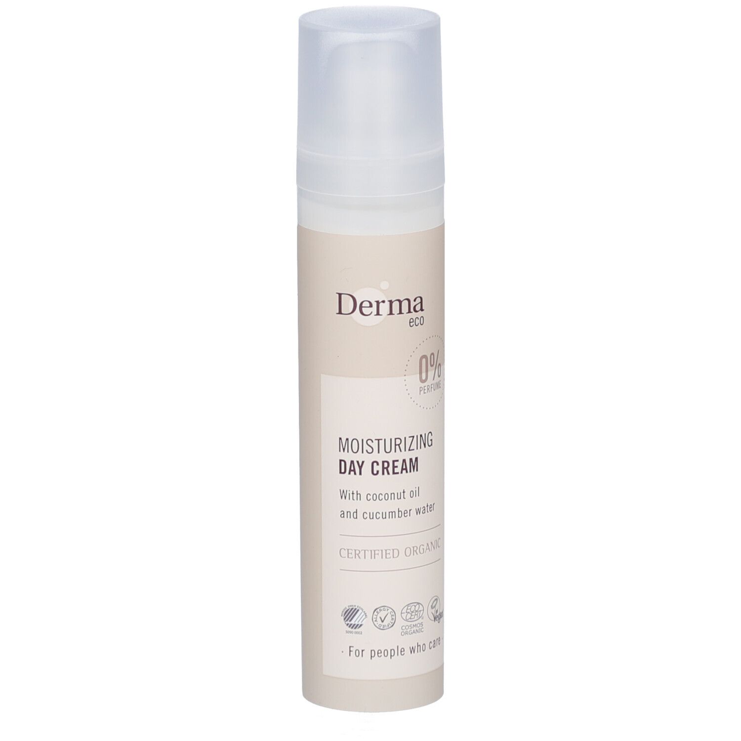 Crèmefles met pompdeksel. Opschrift: Derma eco, 0% parfum, Moisturizing Day Cream. Gecertificeerd Organic. Vegan-keurmerk.