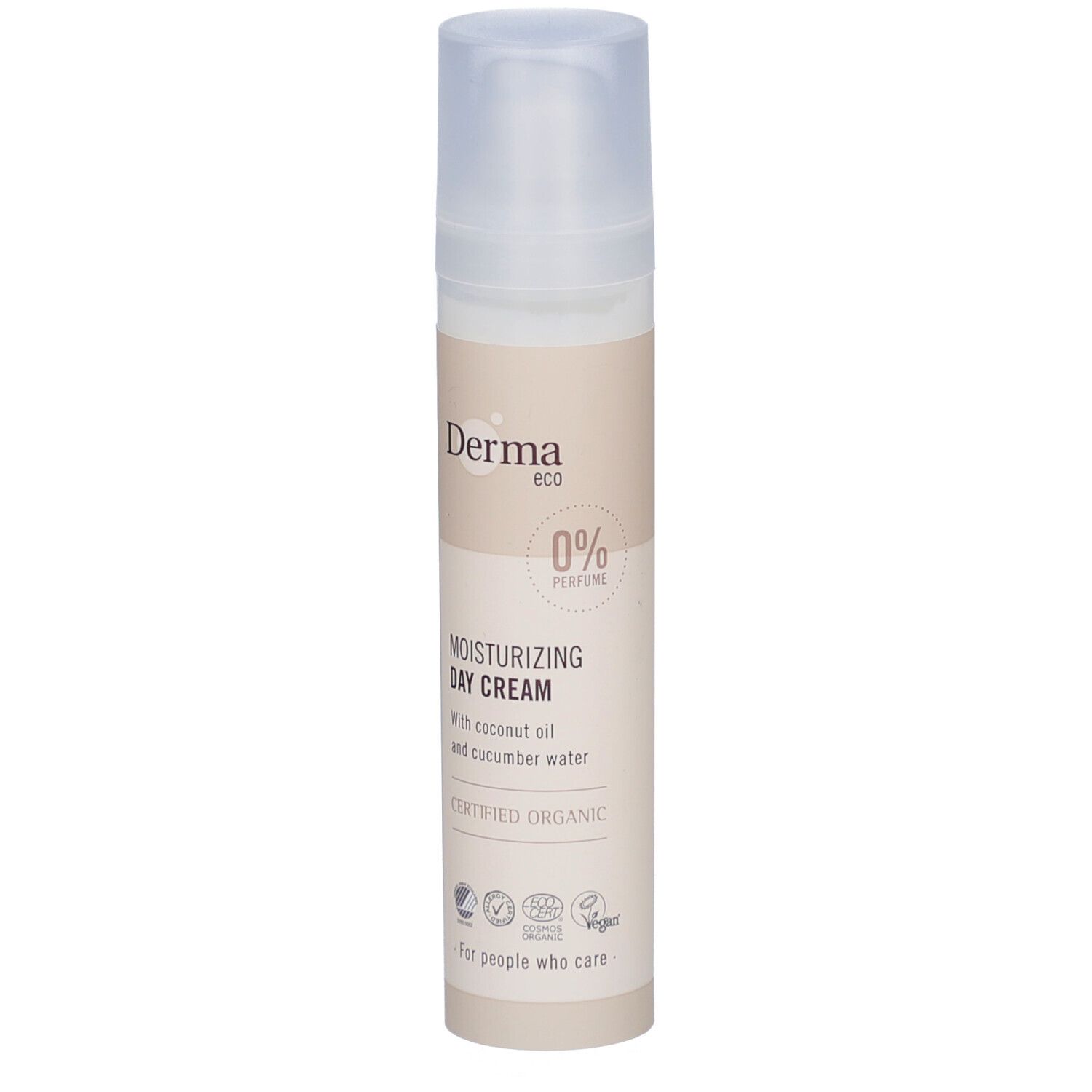 Crèmefles met pompdeksel. Opschrift: Derma eco, 0% parfum, Moisturizing Day Cream. Gecertificeerd Organic. Vegan-keurmerk.