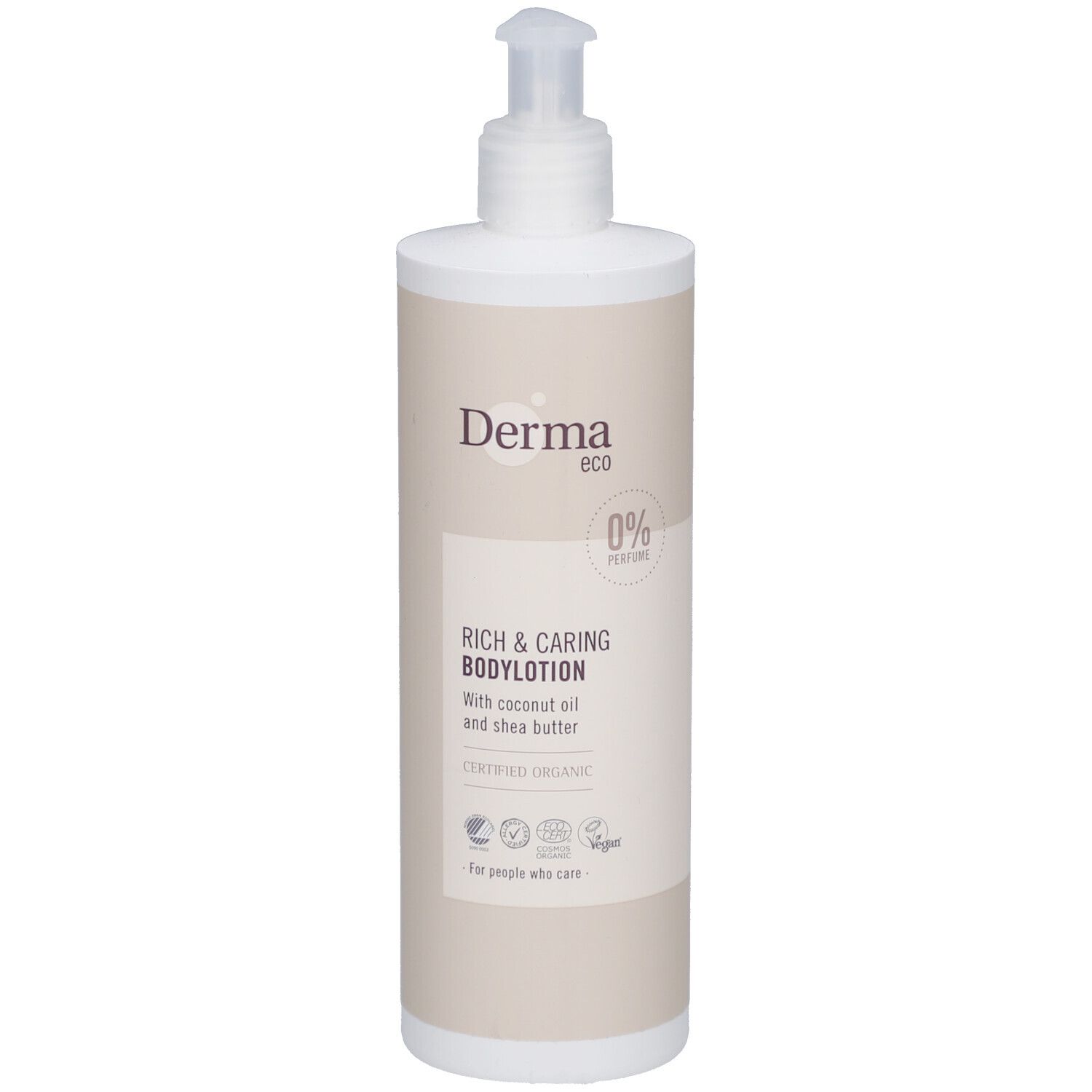 Witte fles met pomp. Opschrift: Derma eco, Rich & Caring Bodylotion, 0% Parfum. Gecertificeerd Organic. Voor de gevoelige huid.