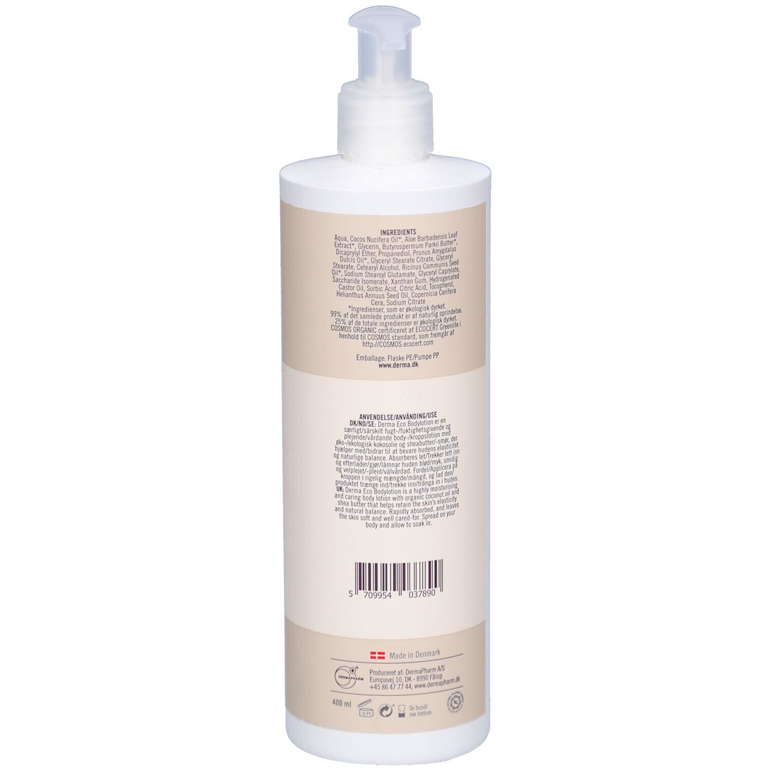 Achterkant van de witte fles met pomp. Tekst met ingrediënten, fabrikantinfo en barcode. Gemaakt in Denemarken.