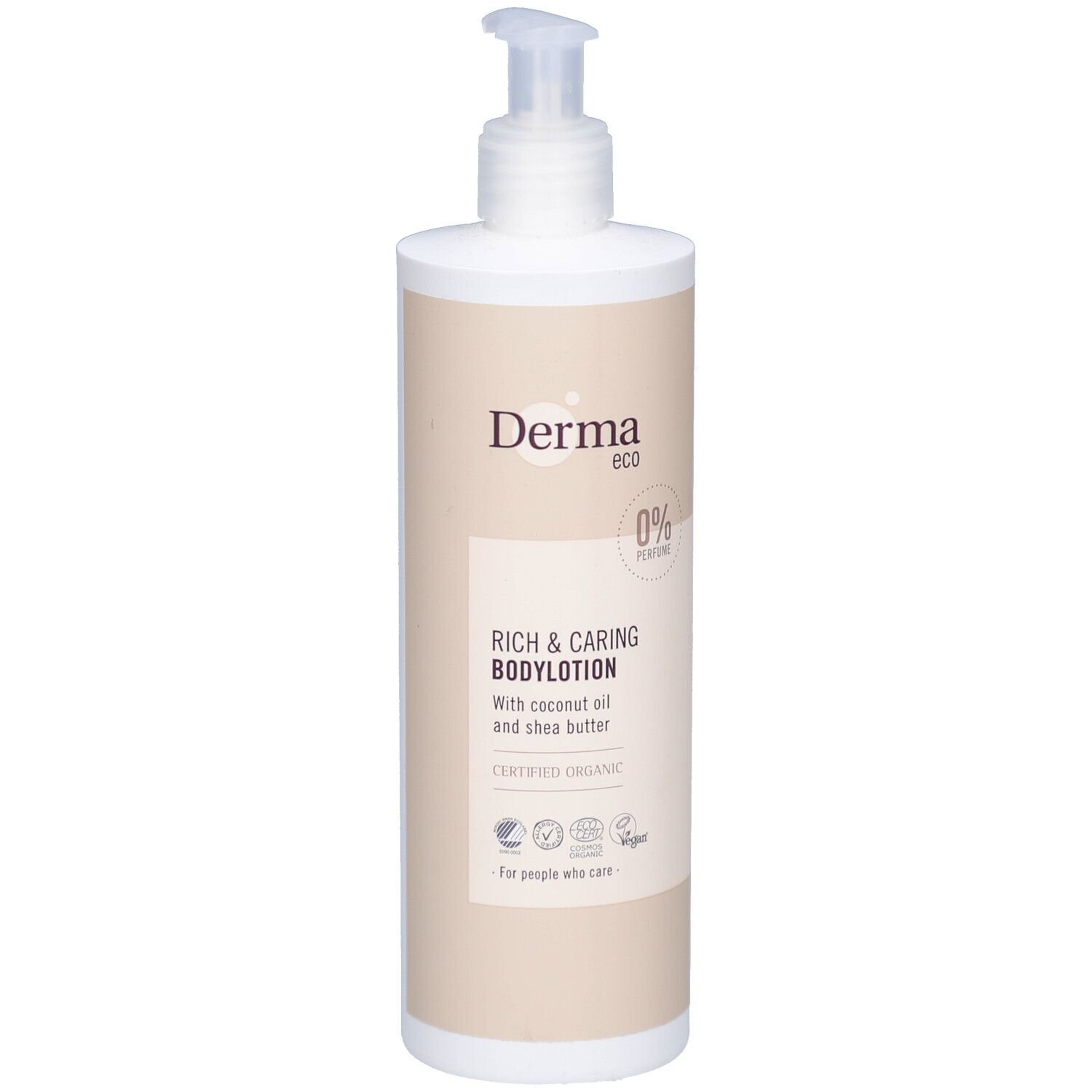 Witte fles met pomp. Opschrift: Derma eco, Rich & Caring Bodylotion, 0% Parfum. Gecertificeerd Organic. Voor de gevoelige huid.