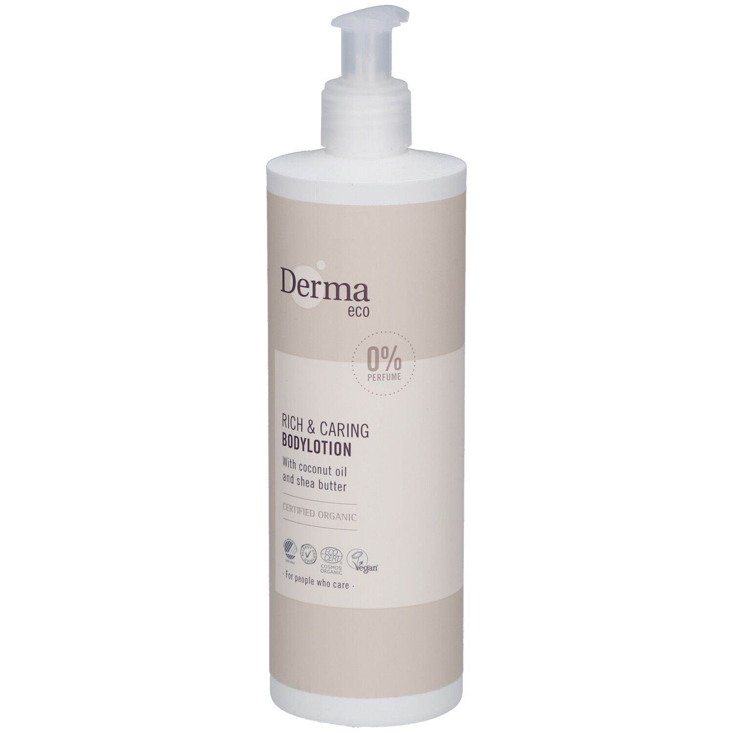 Witte fles met pomp. Opschrift: Derma eco, Rich & Caring Bodylotion, 0% Parfum. Gecertificeerd Organic. Voor de gevoelige huid.