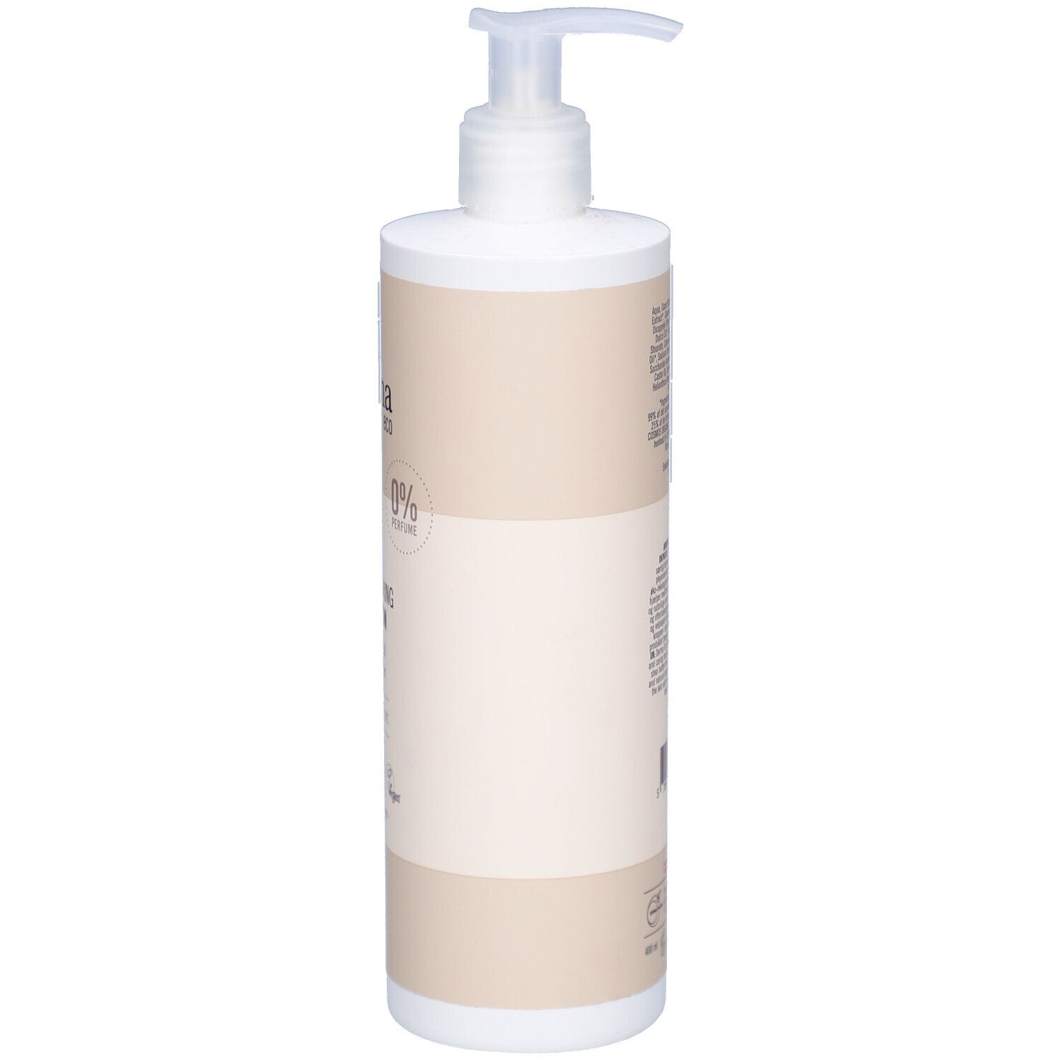 Witte fles met pomp, zijaanzicht. Opschrift: Derma eco. Tekst met ingrediënten en certificeringen. Beige en witte kleurstelling.