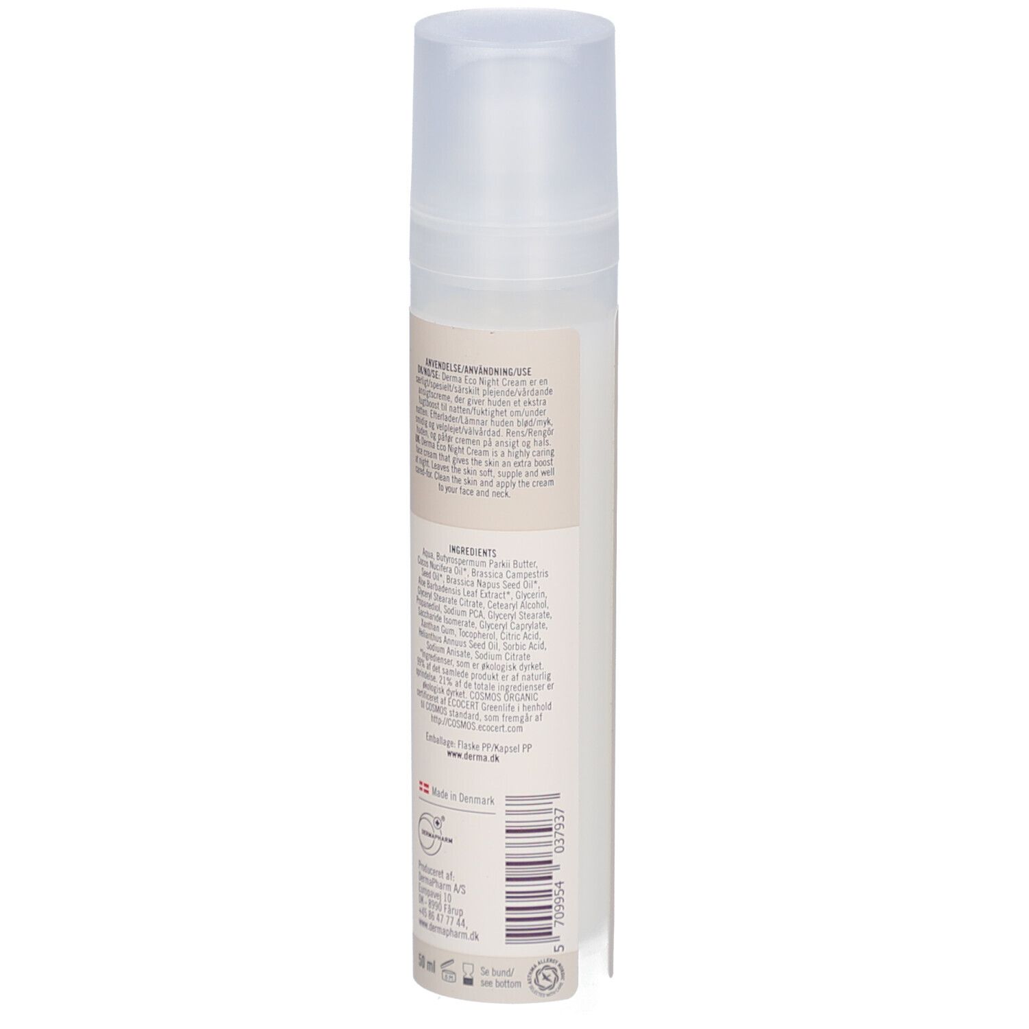 Crèmefles, achterkant. Tekst: Gebruik, ingrediënten, herkomst, certificeringen, fabrikantinformatie.