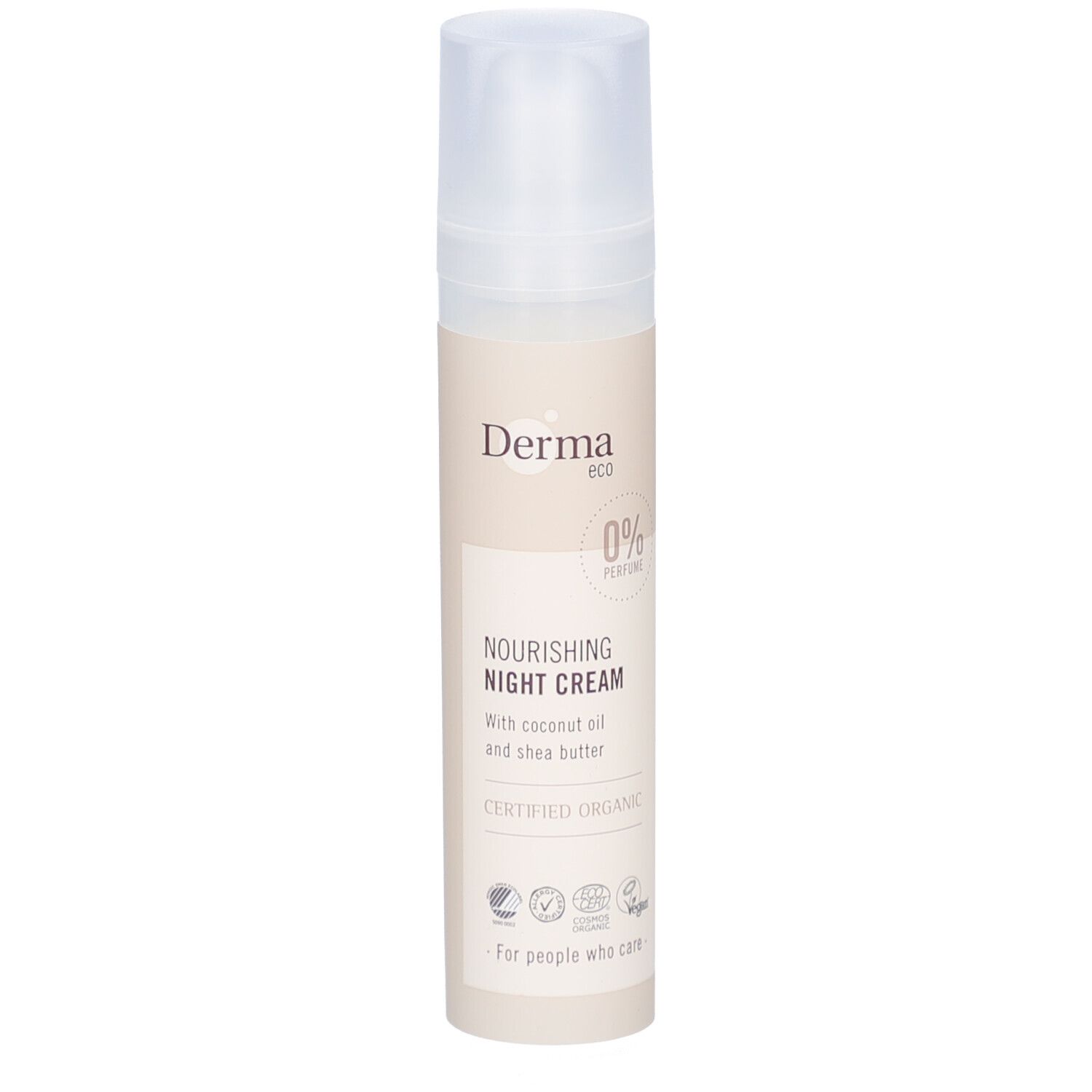 Crèmefles met witte dop. Opschrift: Derma Eco, Nourishing Night Cream, 0% Parfum, Certified Organic.