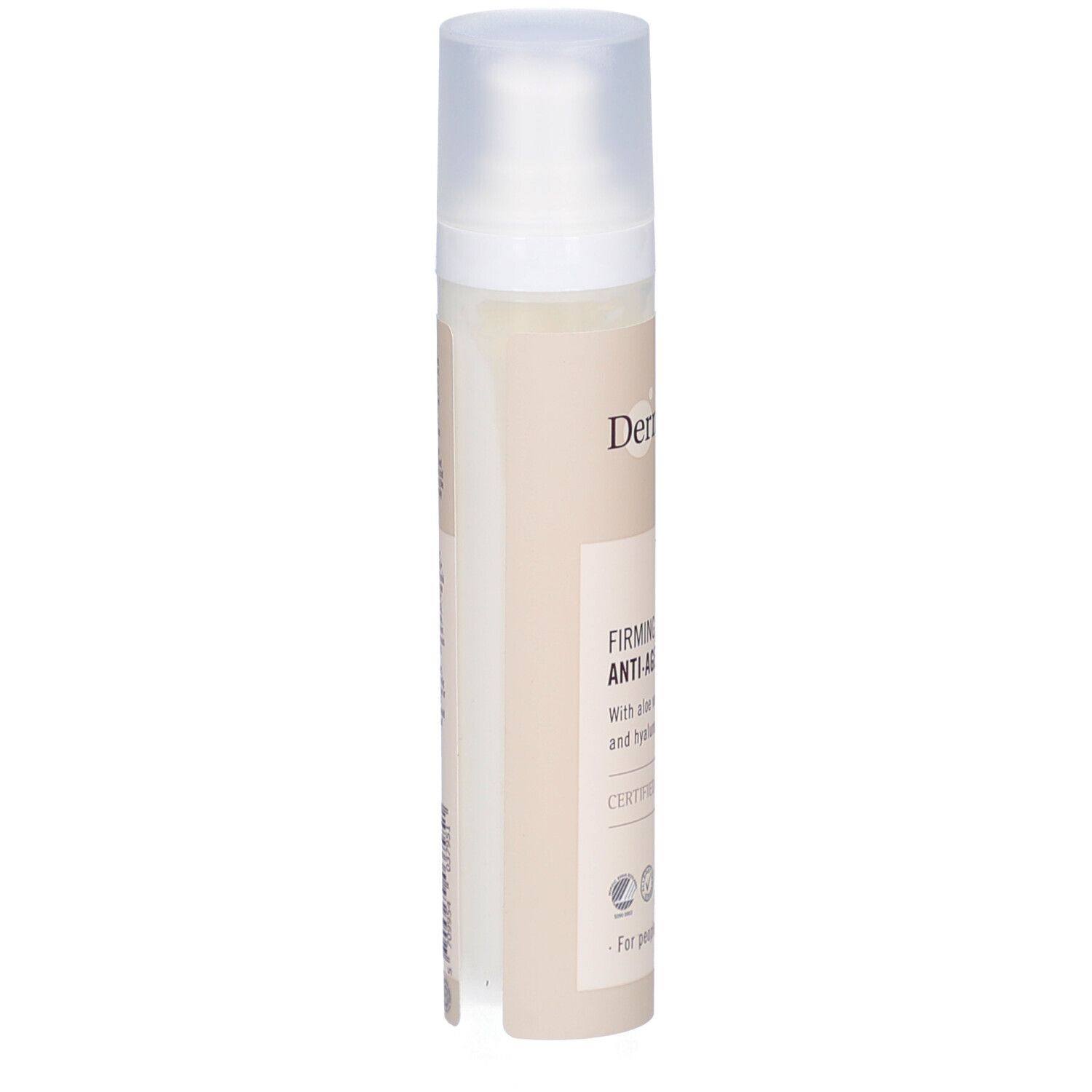 Zijaanzicht van de crèmefles. Opschrift: Derma eco, Firming Anti-Age Cream. Certificeringen en logo's.