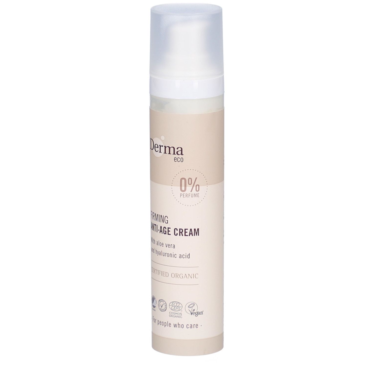 Crèmefles met witte dispenser. Opschrift: Derma eco, Firming Anti-Age Cream, 0% Parfum, Certified Organic. Vegan-zegel.