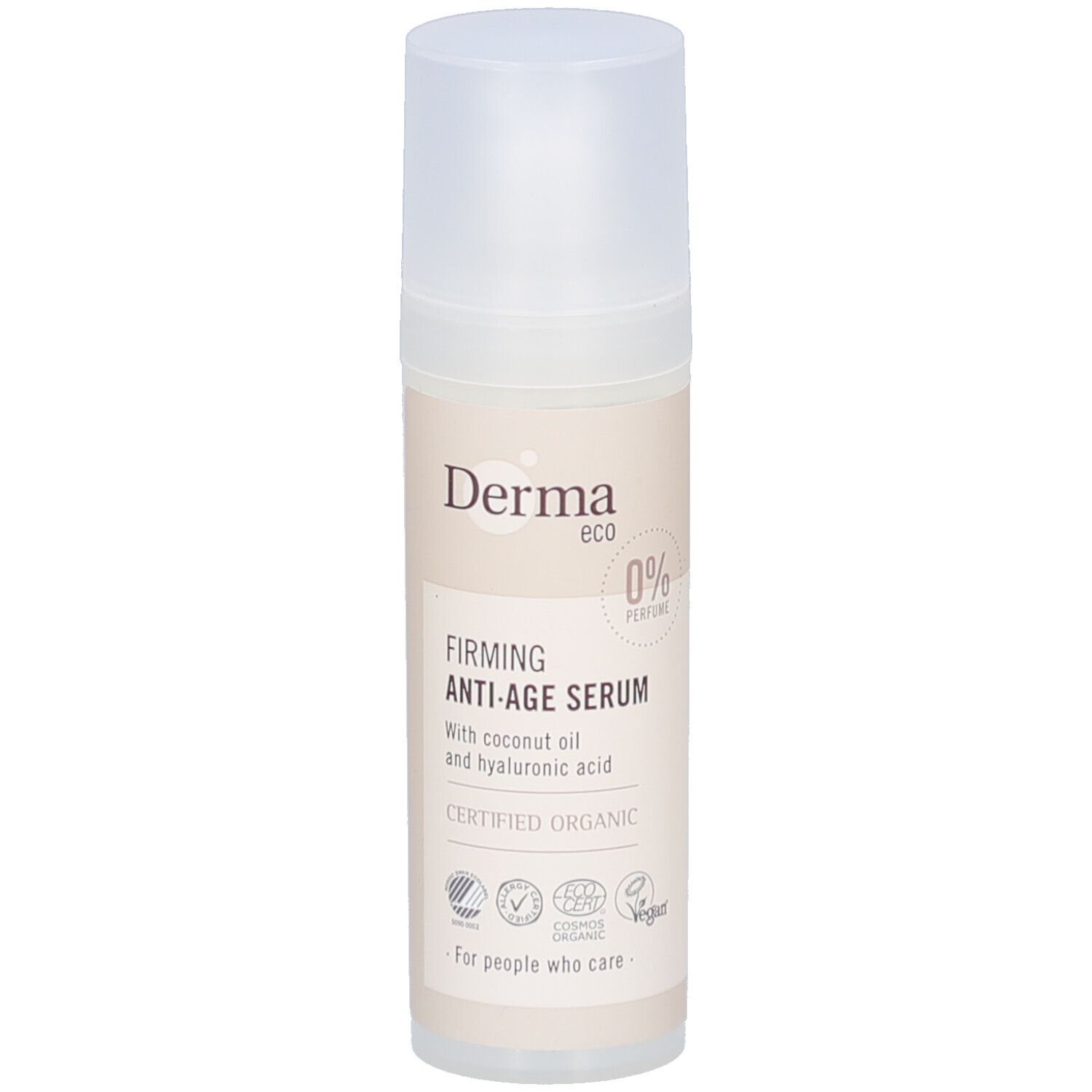 Beige fles met witte dop. Opschrift: Derma eco, Firming Anti-Age Serum. Gecertificeerd Organic. Vegan-logo.