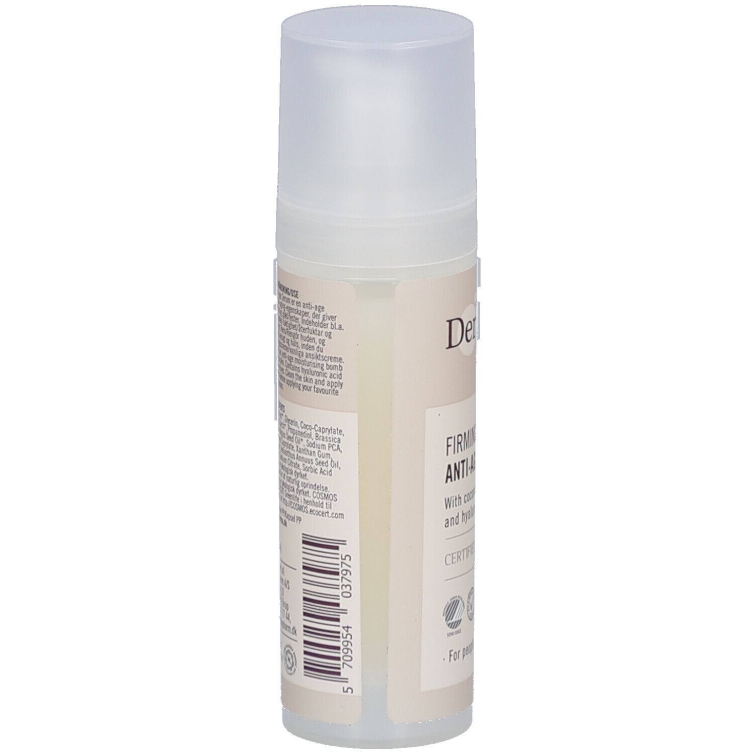 Beige fles, zijaanzicht. Tekst: Ingrediënten, barcode, fabrikantinfo. Certificeringen en logo's.