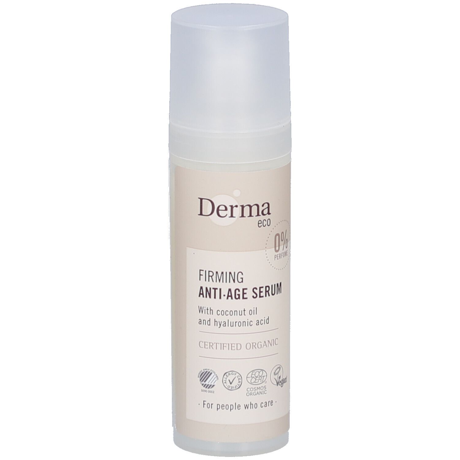 Beige fles met witte dop. Opschrift: Derma eco, Firming Anti-Age Serum. Gecertificeerd Organic. Vegan-logo.