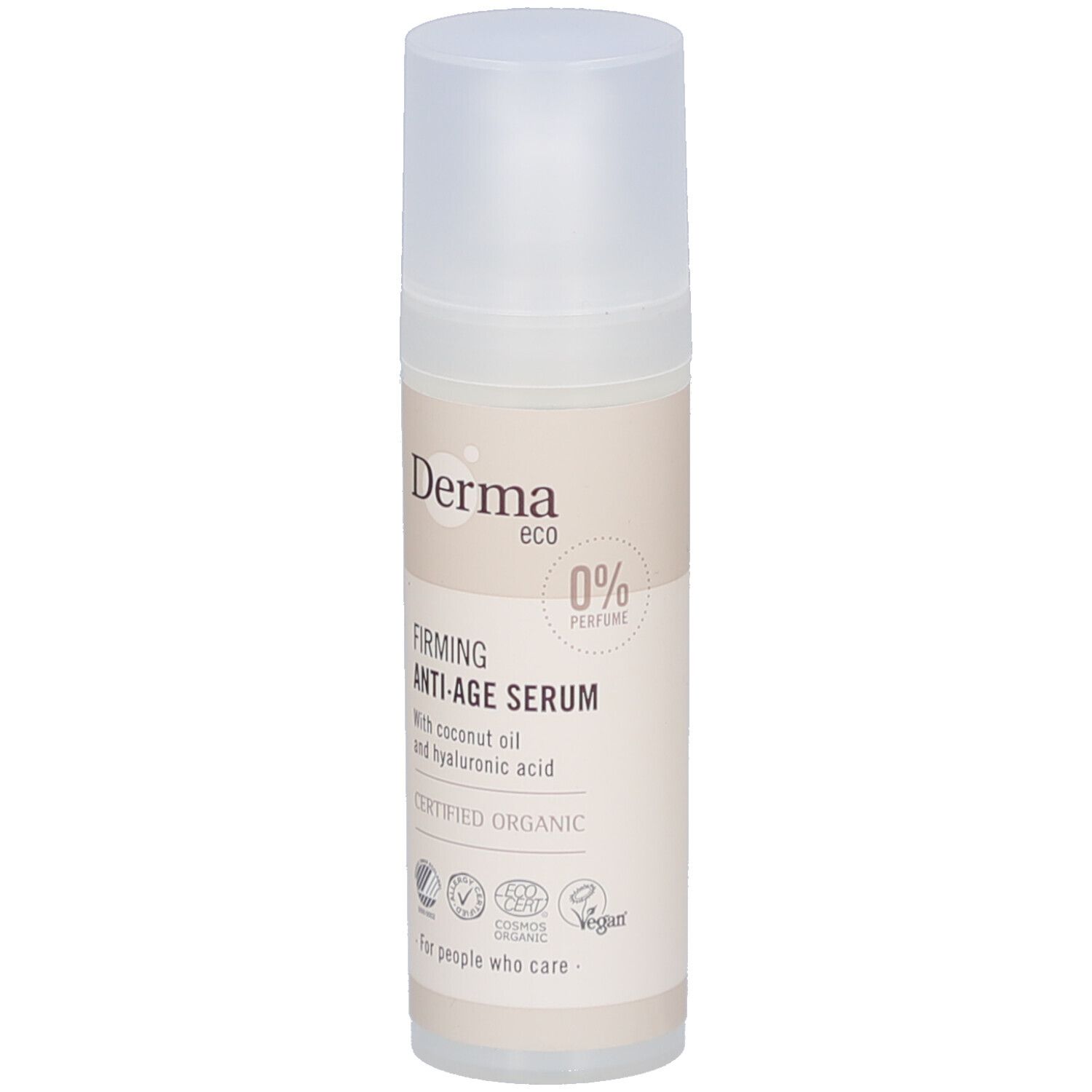 Beige fles met witte dop. Opschrift: Derma eco, Firming Anti-Age Serum. 0% Parfum. Gecertificeerd Organic. Vegan-logo.