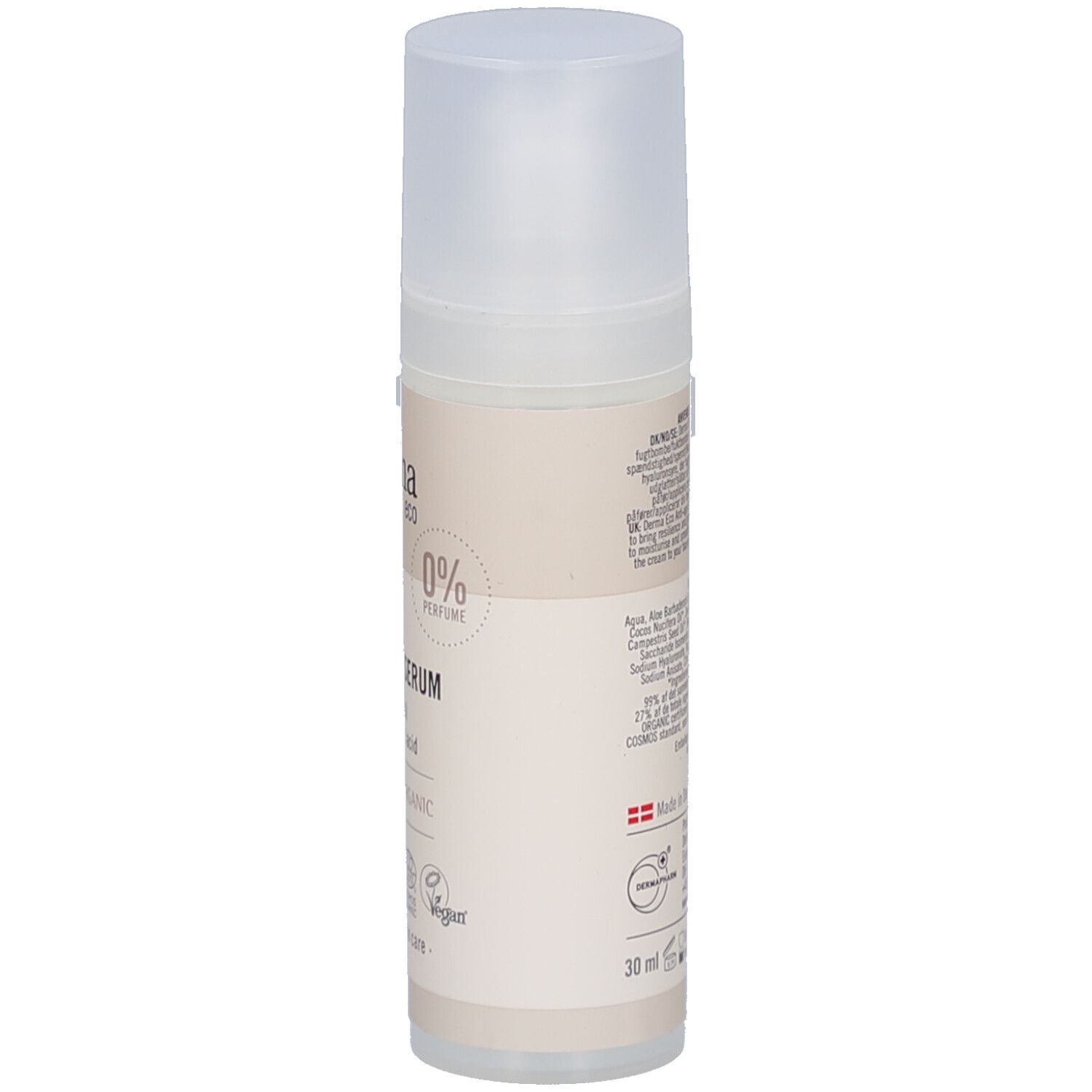 Beige fles, zijaanzicht. Tekst: Ingrediënten, barcode, fabrikantinfo. 30 ml. Certificeringen en logo's.