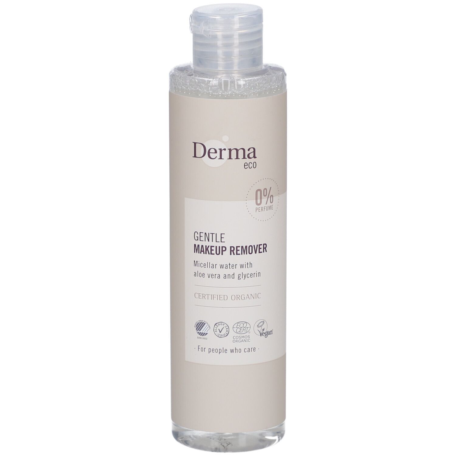 Beige fles met heldere vloeistof. Opschrift: Derma eco, 0% Parfum, Gentle Makeup Remover, gecertificeerd biologisch.