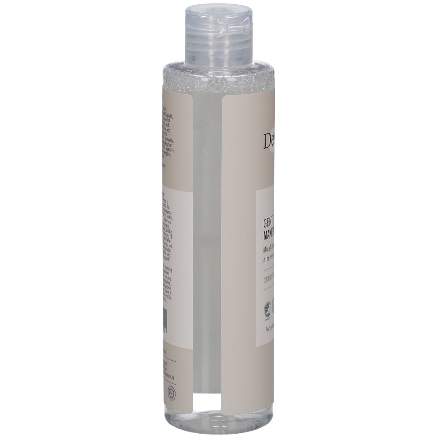 Beige fles met heldere vloeistof, zijaanzicht. Opschrift: Derma eco, Gentle Makeup Remover, gecertificeerd biologisch.