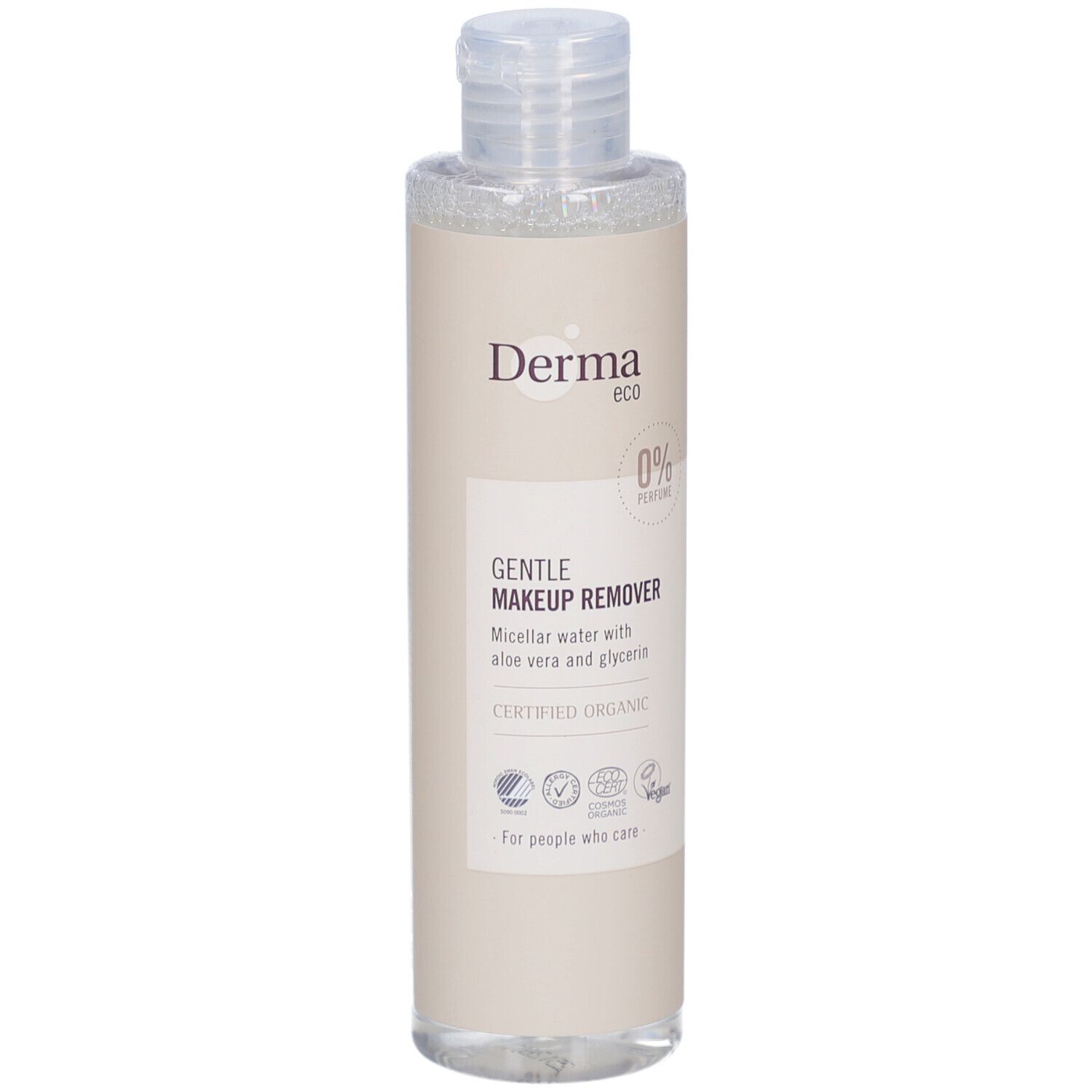 Beige fles met heldere vloeistof. Opschrift: Derma eco, 0% Parfum, Gentle Makeup Remover, gecertificeerd biologisch.