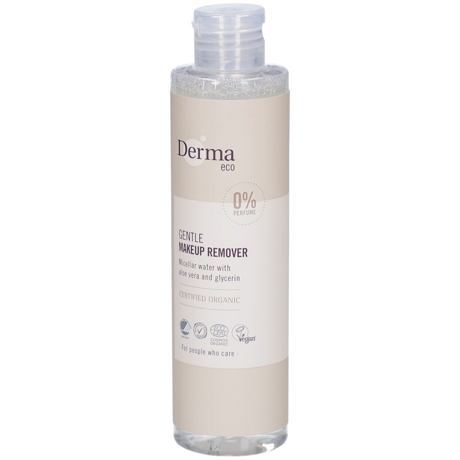 Beige fles met heldere vloeistof. Opschrift: Derma eco, 0% Parfum, Gentle Makeup Remover, gecertificeerd biologisch.