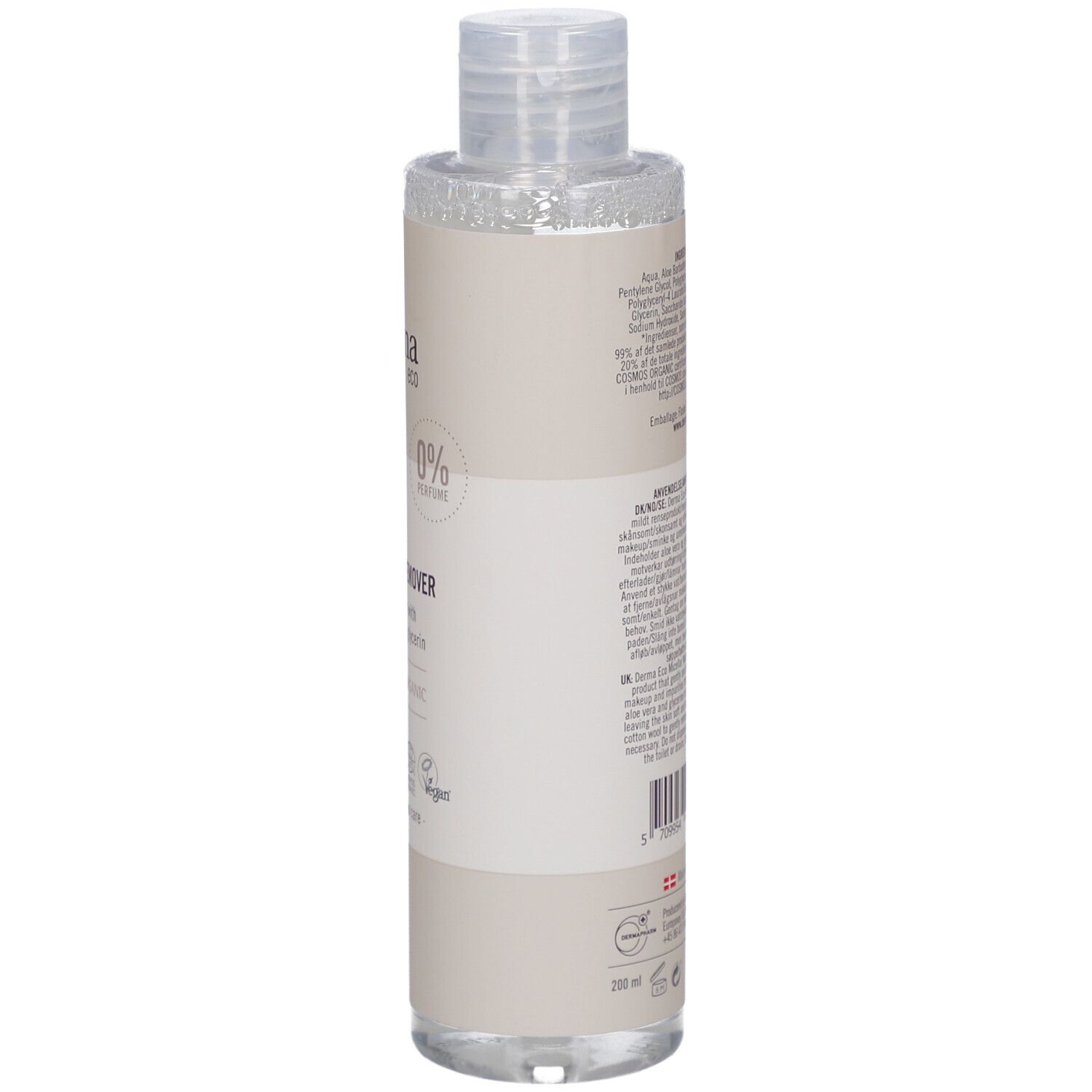 Beige fles met heldere vloeistof, zijaanzicht. Opschrift: Derma eco, 0% Parfum, Gentle Makeup Remover, gecertificeerd biologisch.