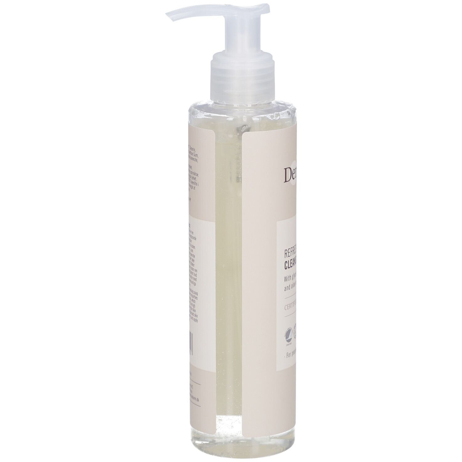Transparante fles met pomp, zijaanzicht. Etiket met tekst. Derma eco Cleansing Gel.
