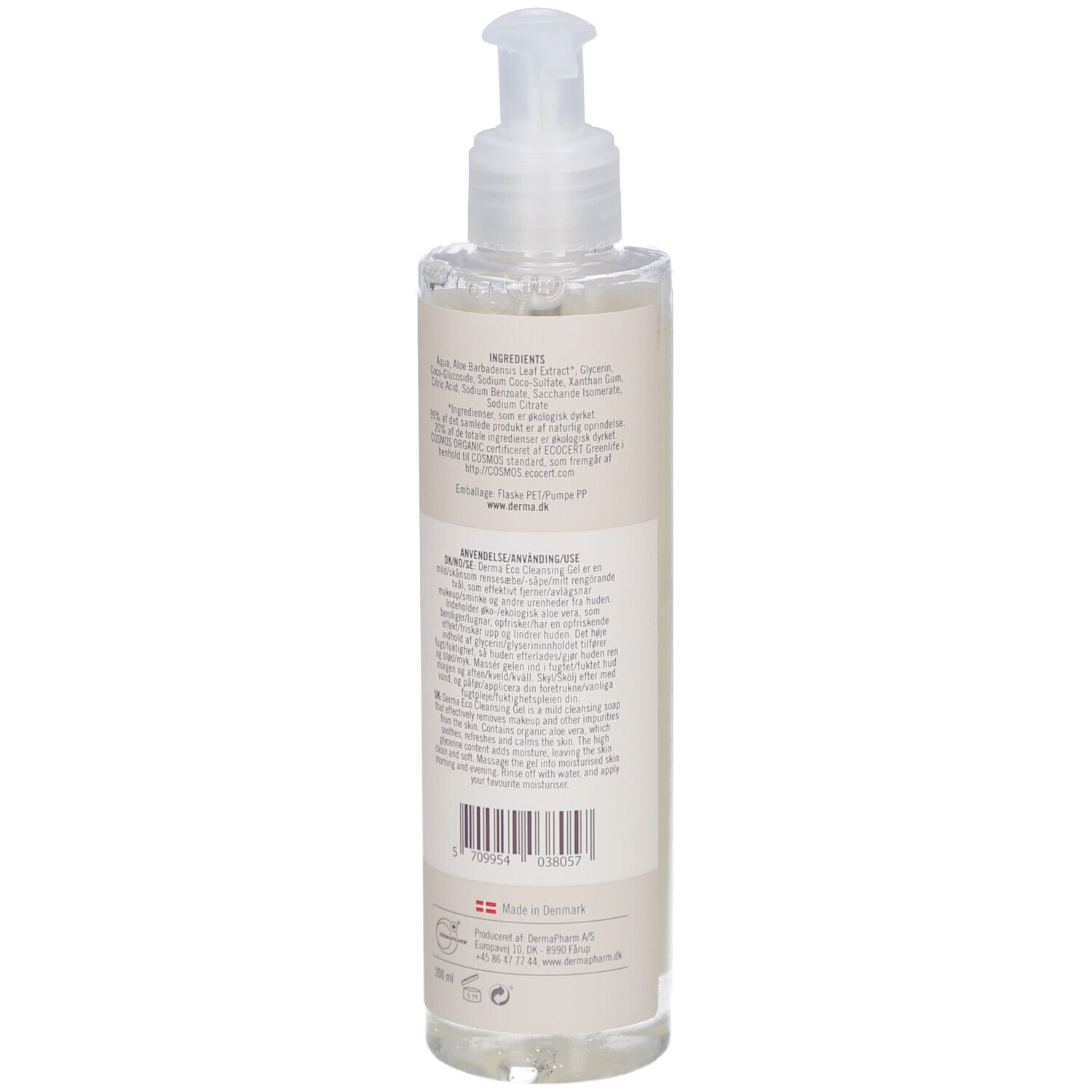 Achterkant van een transparante fles met pomp. Etiket met ingrediënten en informatie. Derma eco Cleansing Gel.