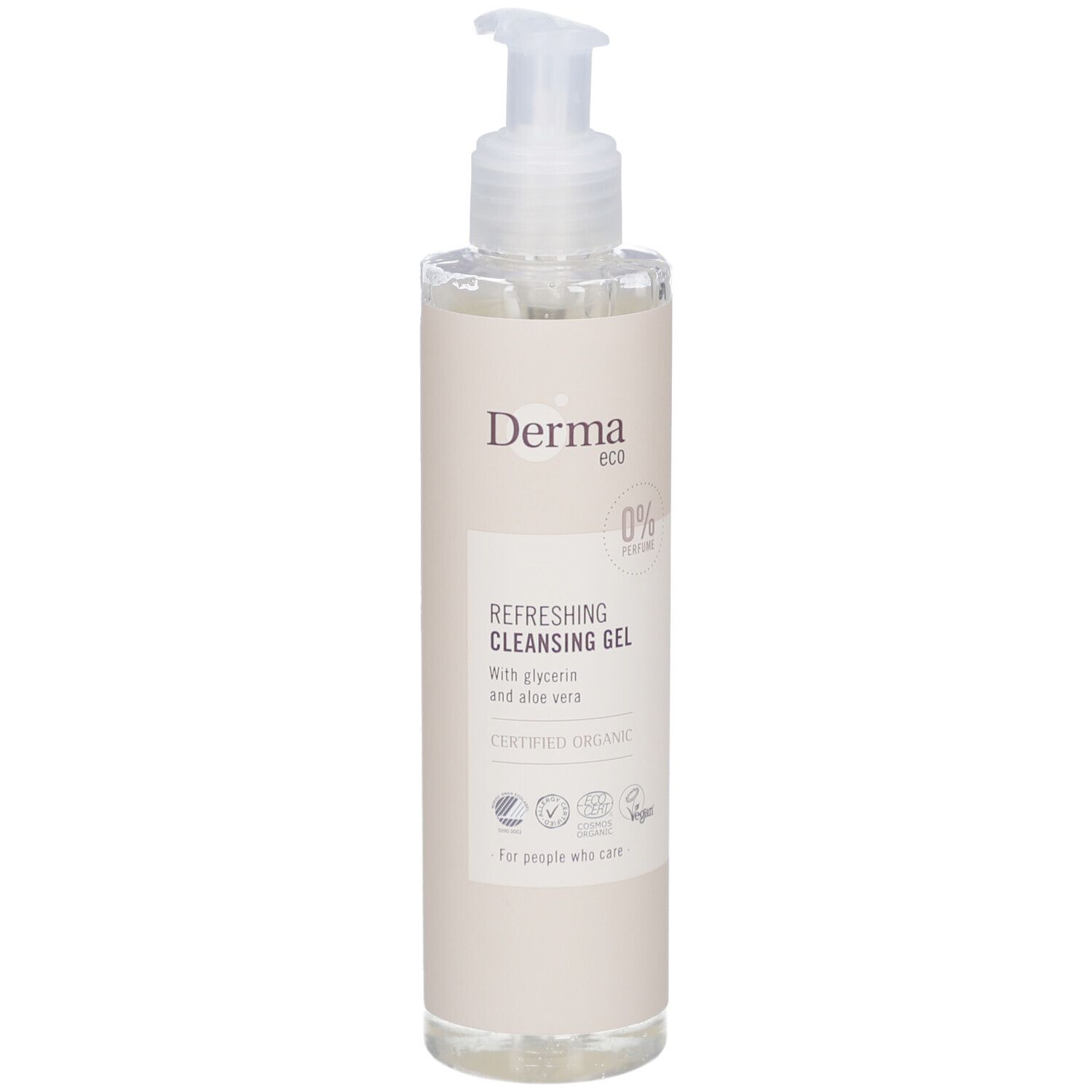 Transparante fles met pomp. Op het etiket staat "Derma eco", "Refreshing Cleansing Gel" en "Certified Organic".