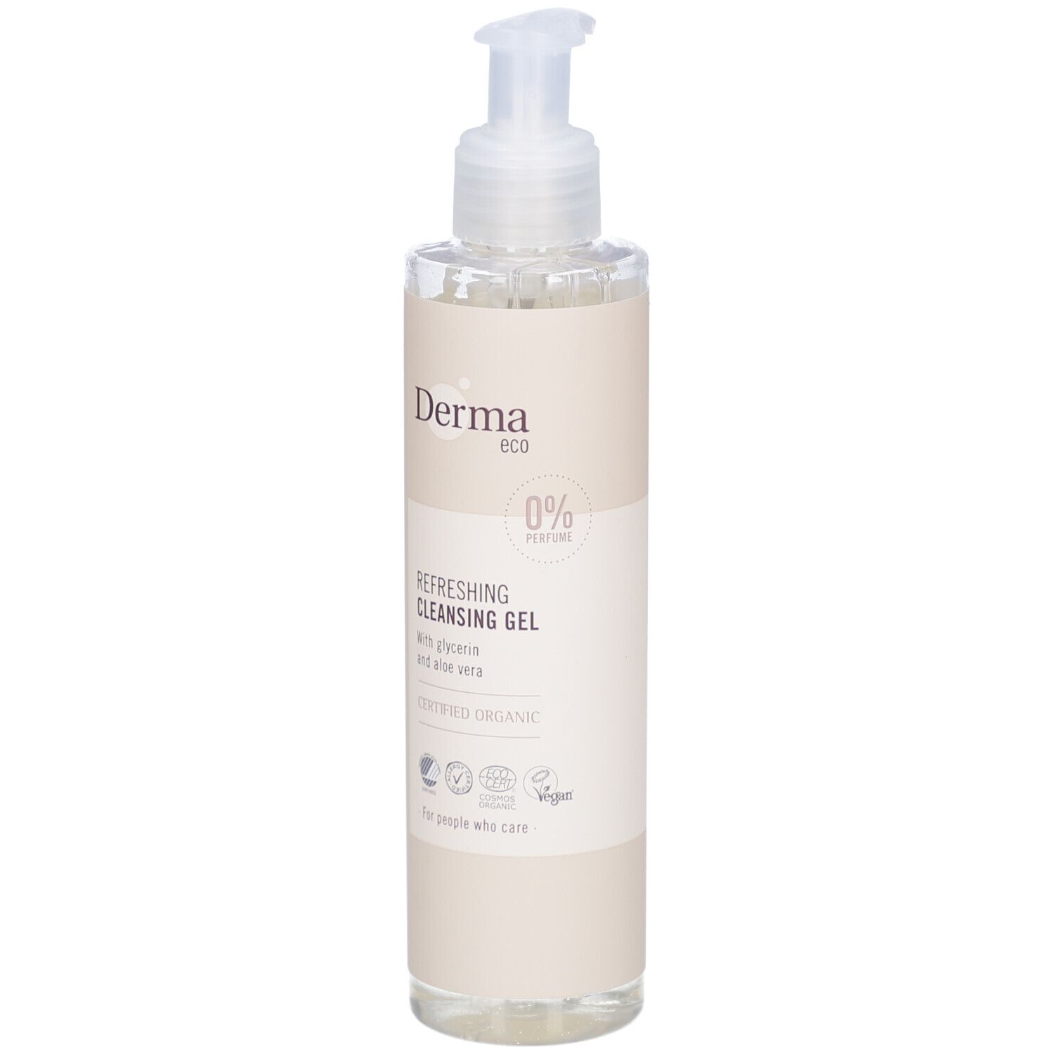 Transparante fles met pomp. Op het etiket staat "Derma eco", "Refreshing Cleansing Gel" en "Certified Organic".