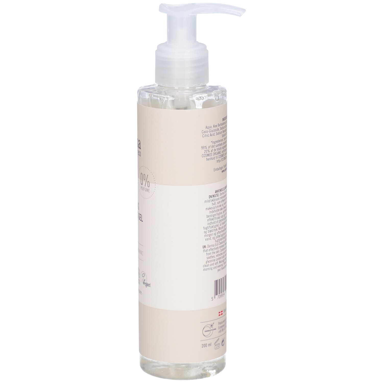 Zijaanzicht van een transparante fles met pomp. Etiket met tekst. Derma eco Cleansing Gel.