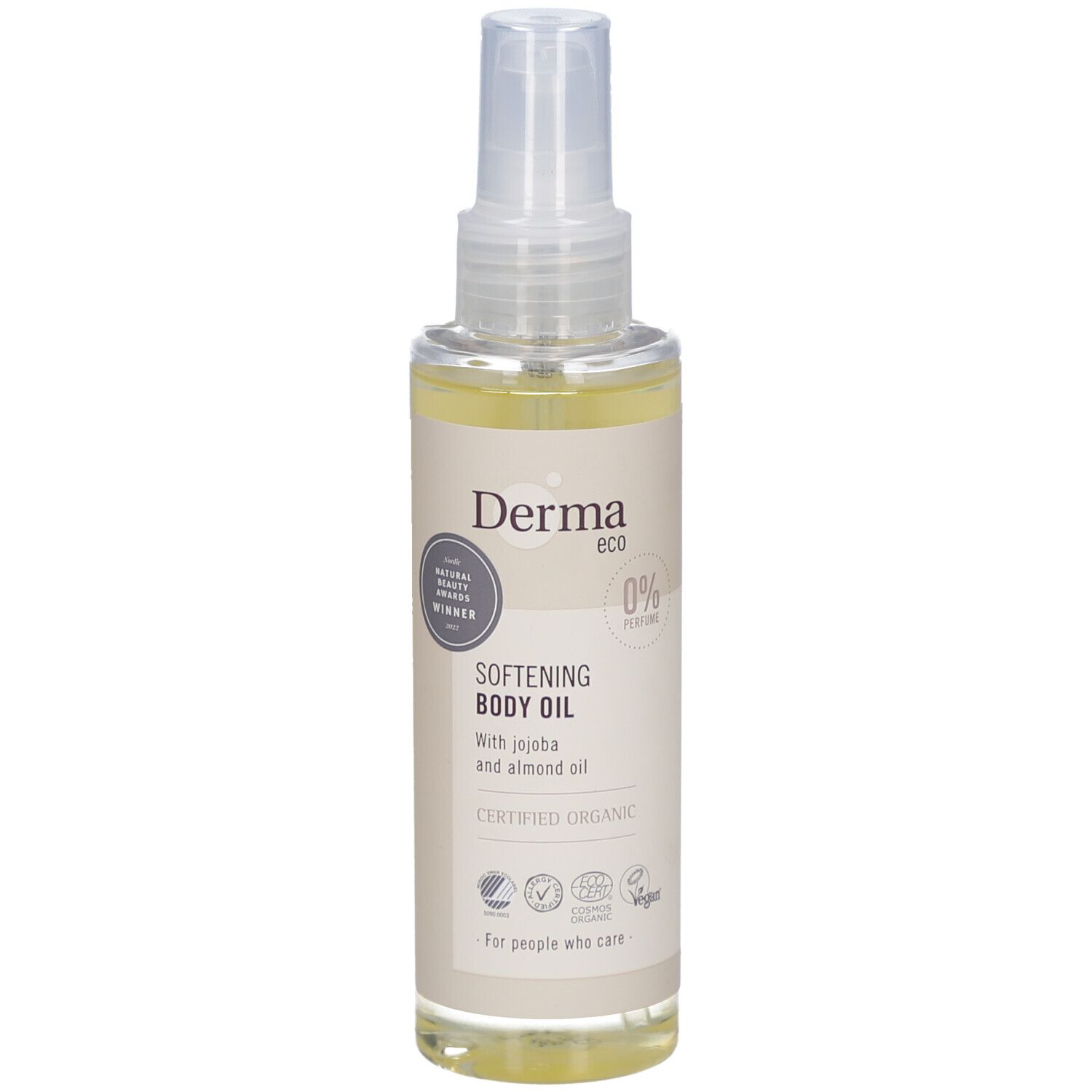 Flesje body oil met verstuiver. Opschrift: Derma eco, Softening Body Oil. Gecertificeerd biologisch product. Transparante vloeistof.