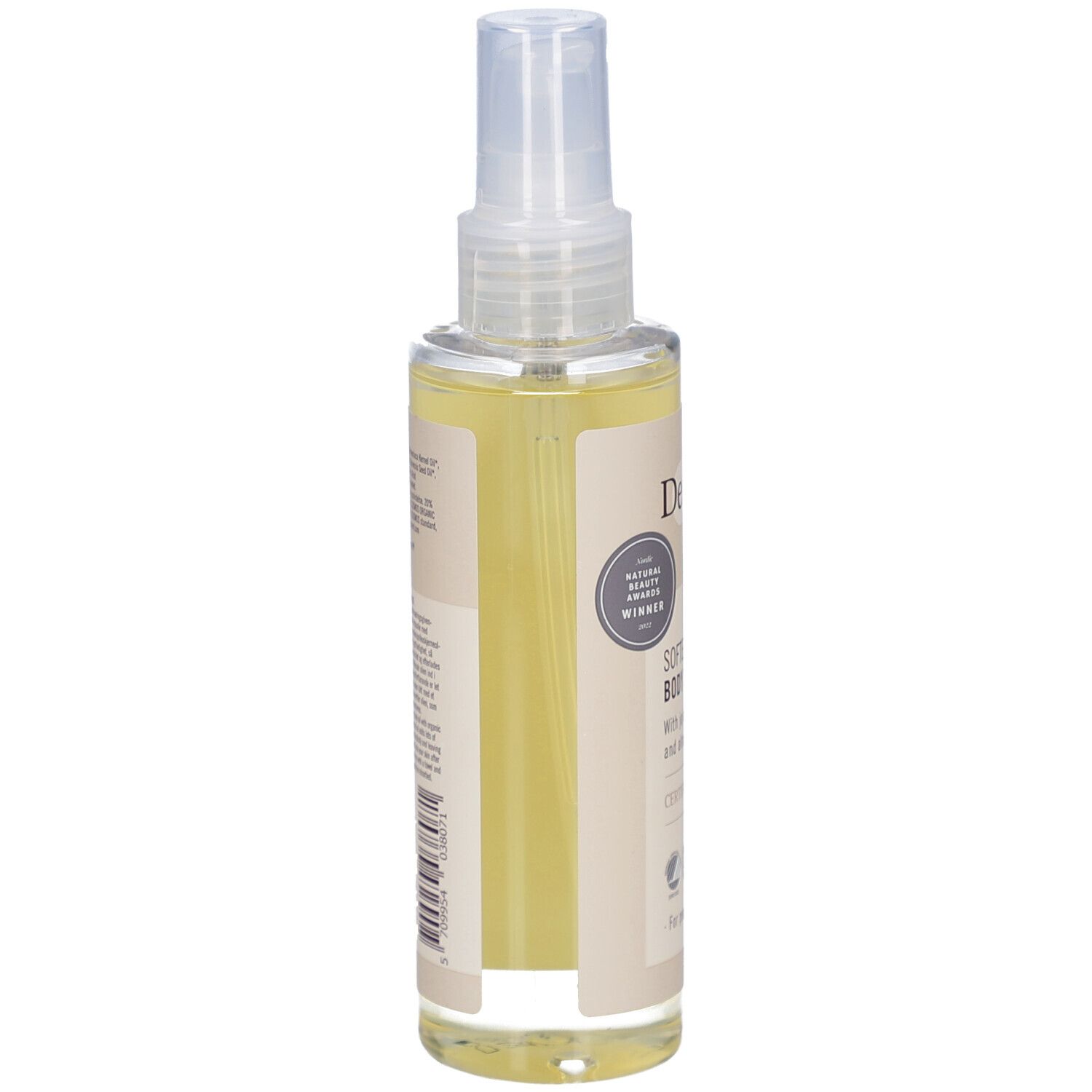 Flesje body oil, zijaanzicht. Opschrift: Derma eco, Softening Body Oil. Gecertificeerd biologisch product. Transparante vloeistof.