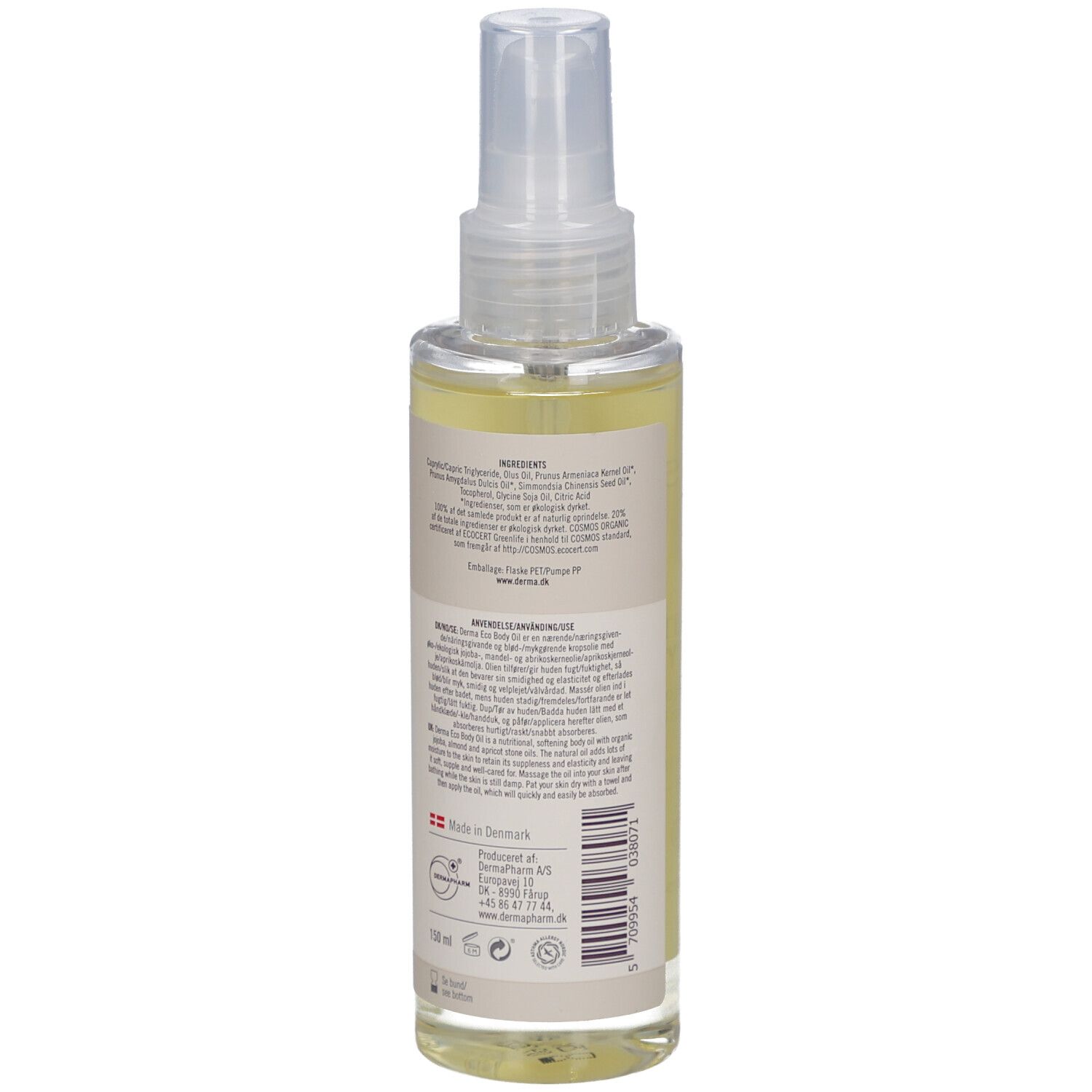 Achterkant van het flesje body oil. Opschrift: ingrediënten, gebruiksaanwijzing, fabrikantinfo. Gecertificeerd biologisch product. Transparante vloeistof.