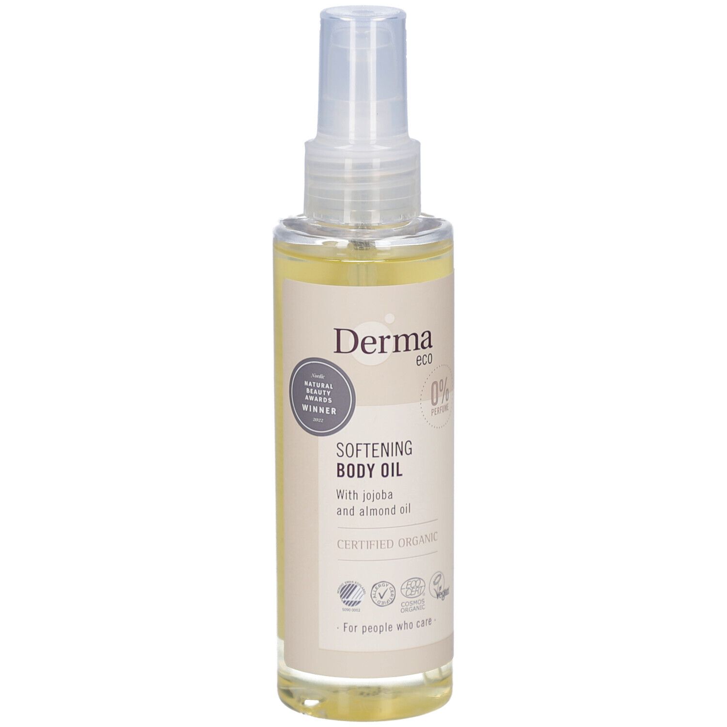 Flesje body oil met verstuiver. Opschrift: Derma eco, Softening Body Oil. Gecertificeerd biologisch product. Transparante vloeistof.