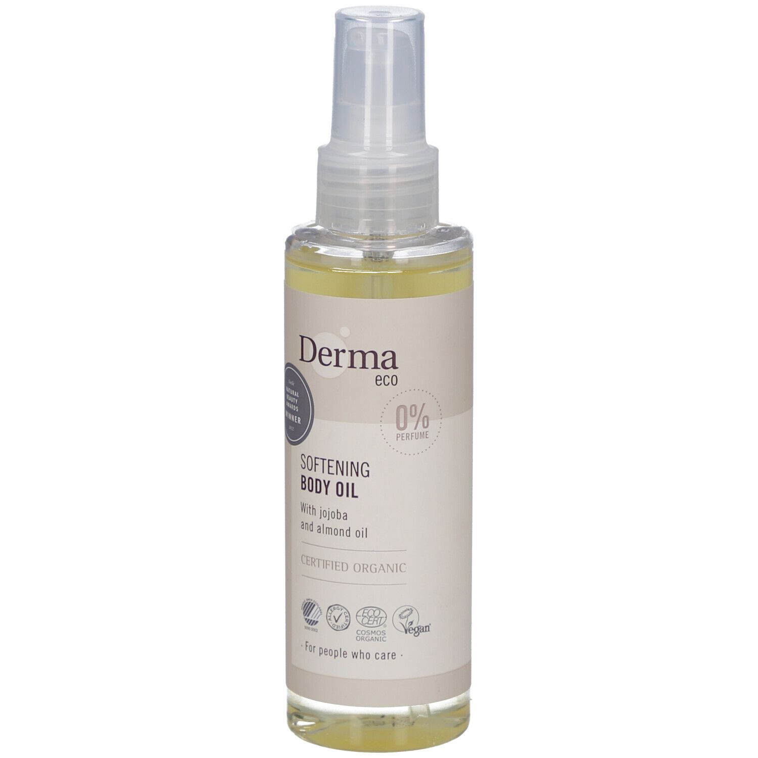 Flesje body oil met verstuiver. Opschrift: Derma eco, Softening Body Oil. Gecertificeerd biologisch product. Transparante vloeistof.