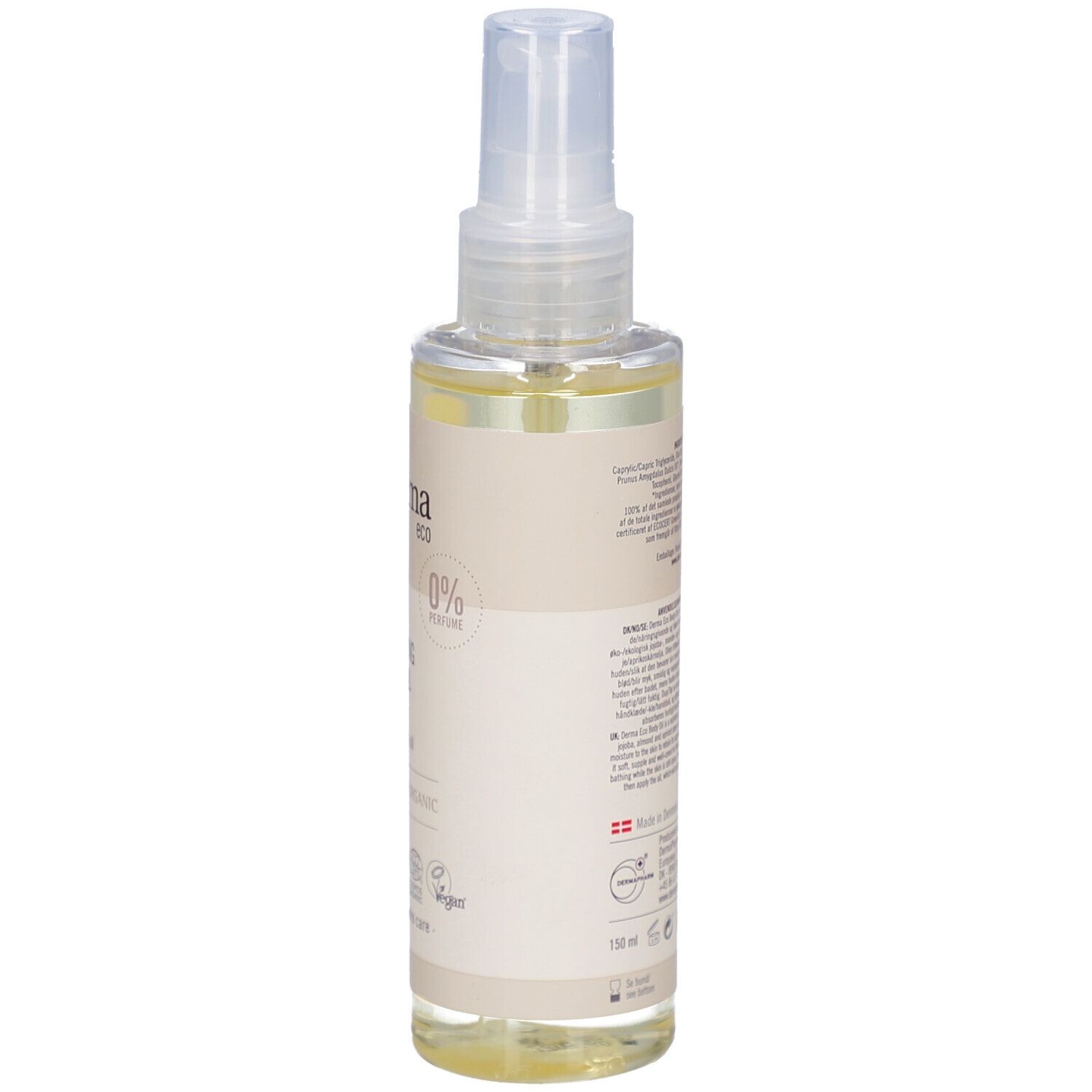 Flesje body oil, zijaanzicht. Opschrift: Derma eco, Softening Body Oil. Gecertificeerd biologisch product. Transparante vloeistof.