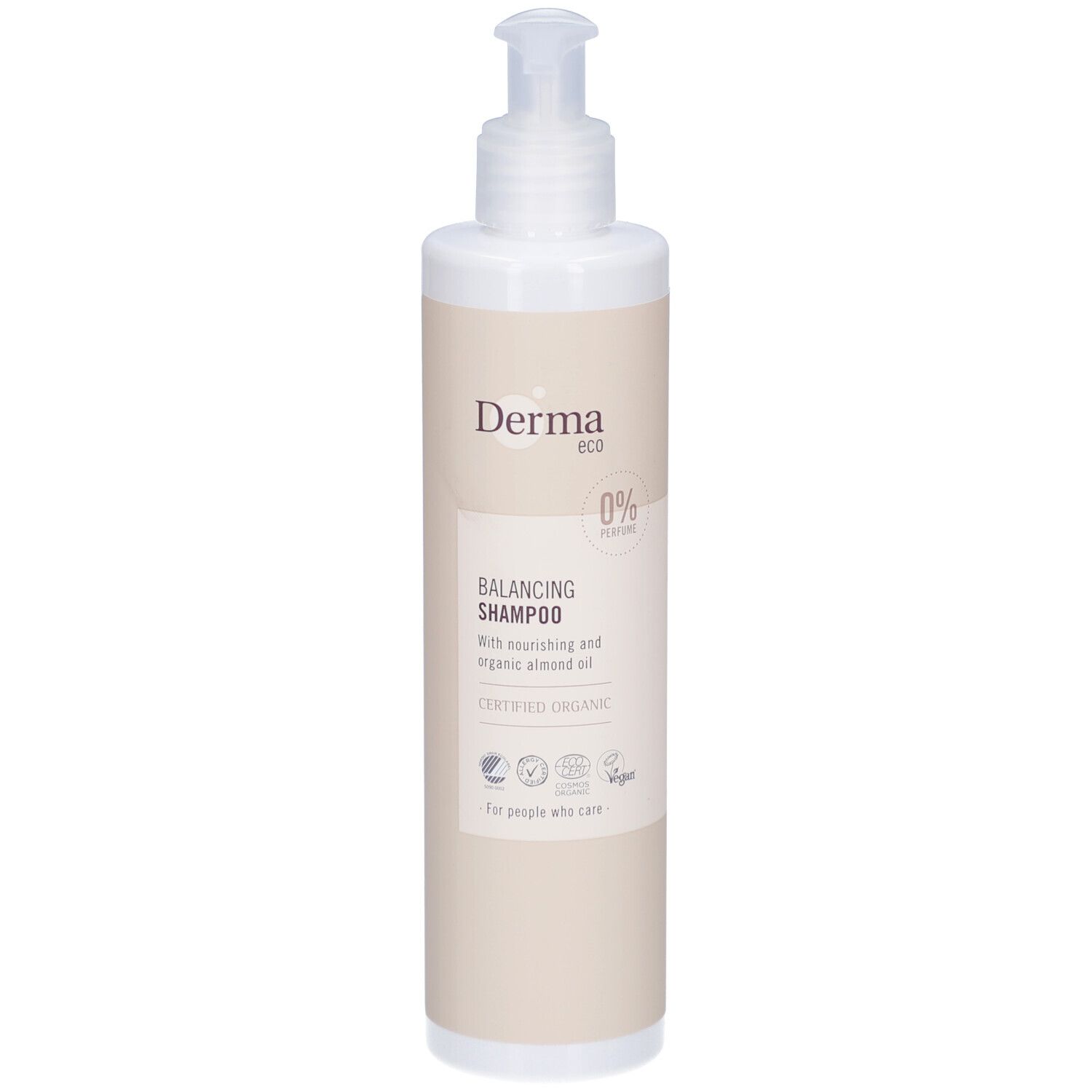 Beige shampoo fles met doseerpomp. Opschrift: Derma eco, Balancing Shampoo, 0% Parfum, gecertificeerd biologisch.